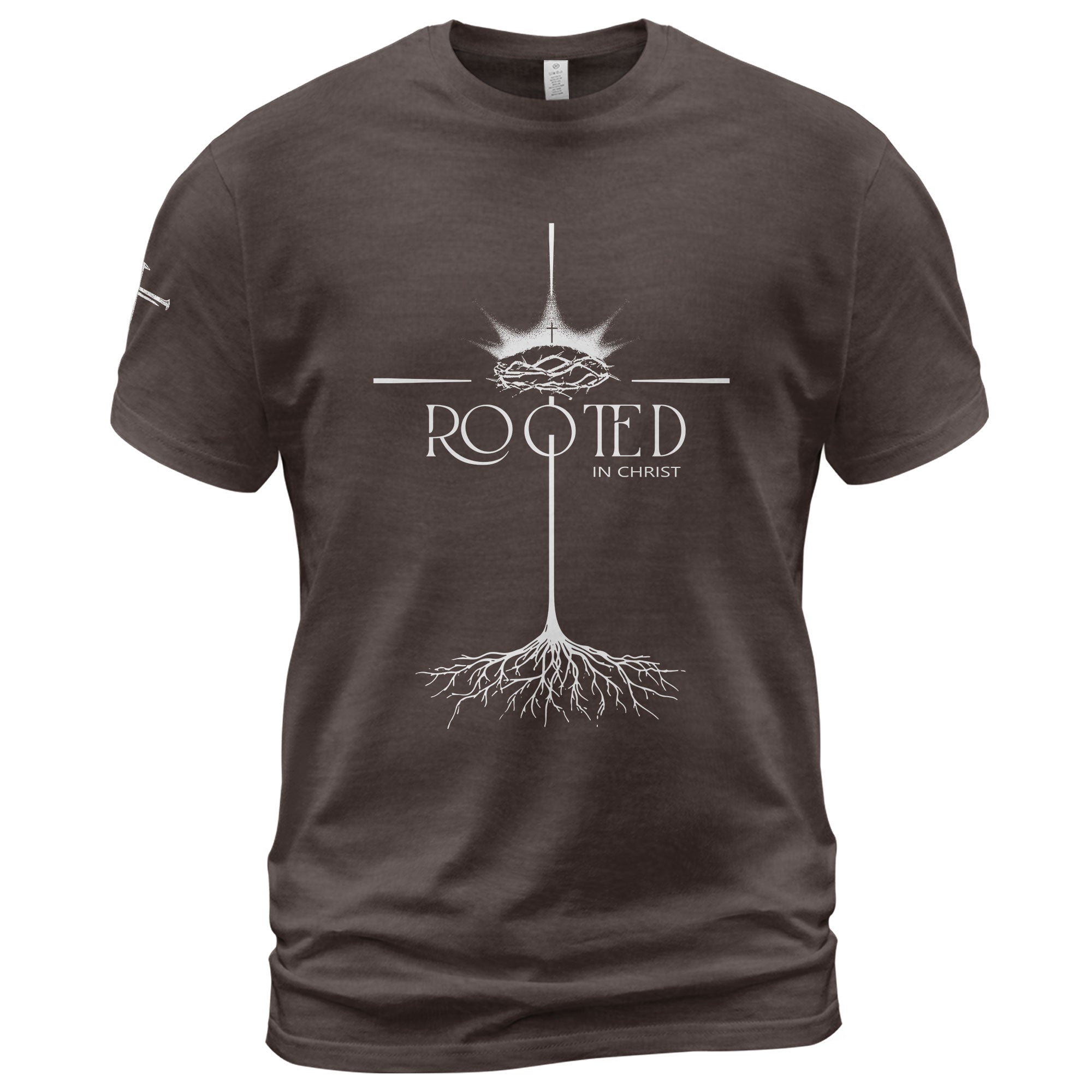 Rooted In Christ Christian T Shirt With Crown Of Thorns And Cross Roots