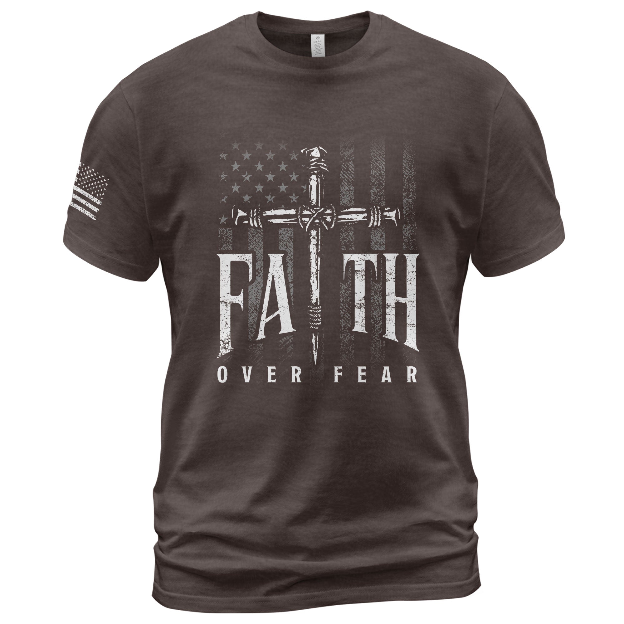 Faith Over Fear Christian T-Shirt American Flag Cross Sword Design