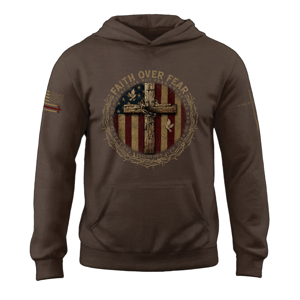 Faith Over Fear Christian Hoodie American Flag Cross Design Religious