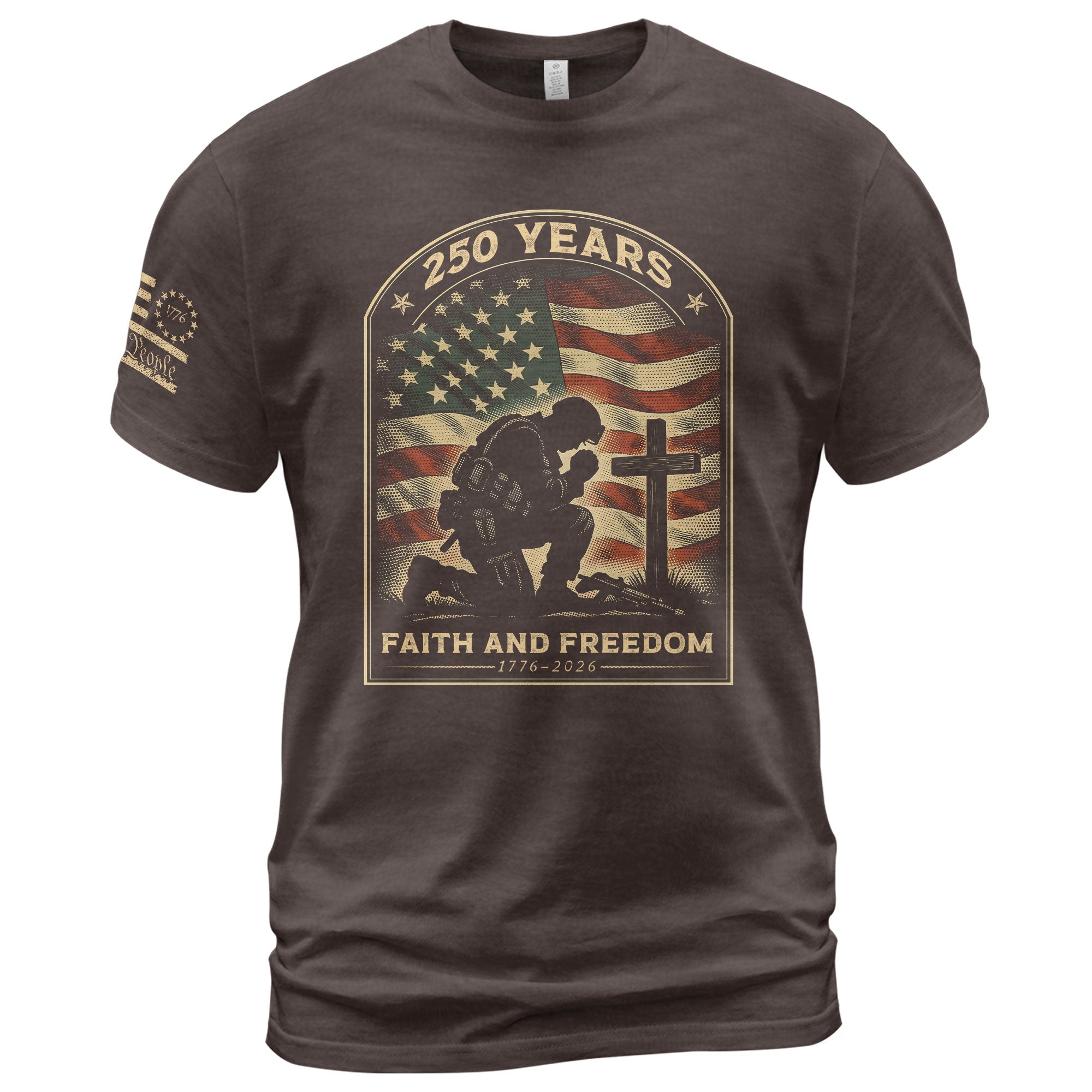Faith and Freedom 250 Years 250th Anniversary Patriotic T-Shirt - Kneeling Soldier Prayer & American Flag Graphic Tee
