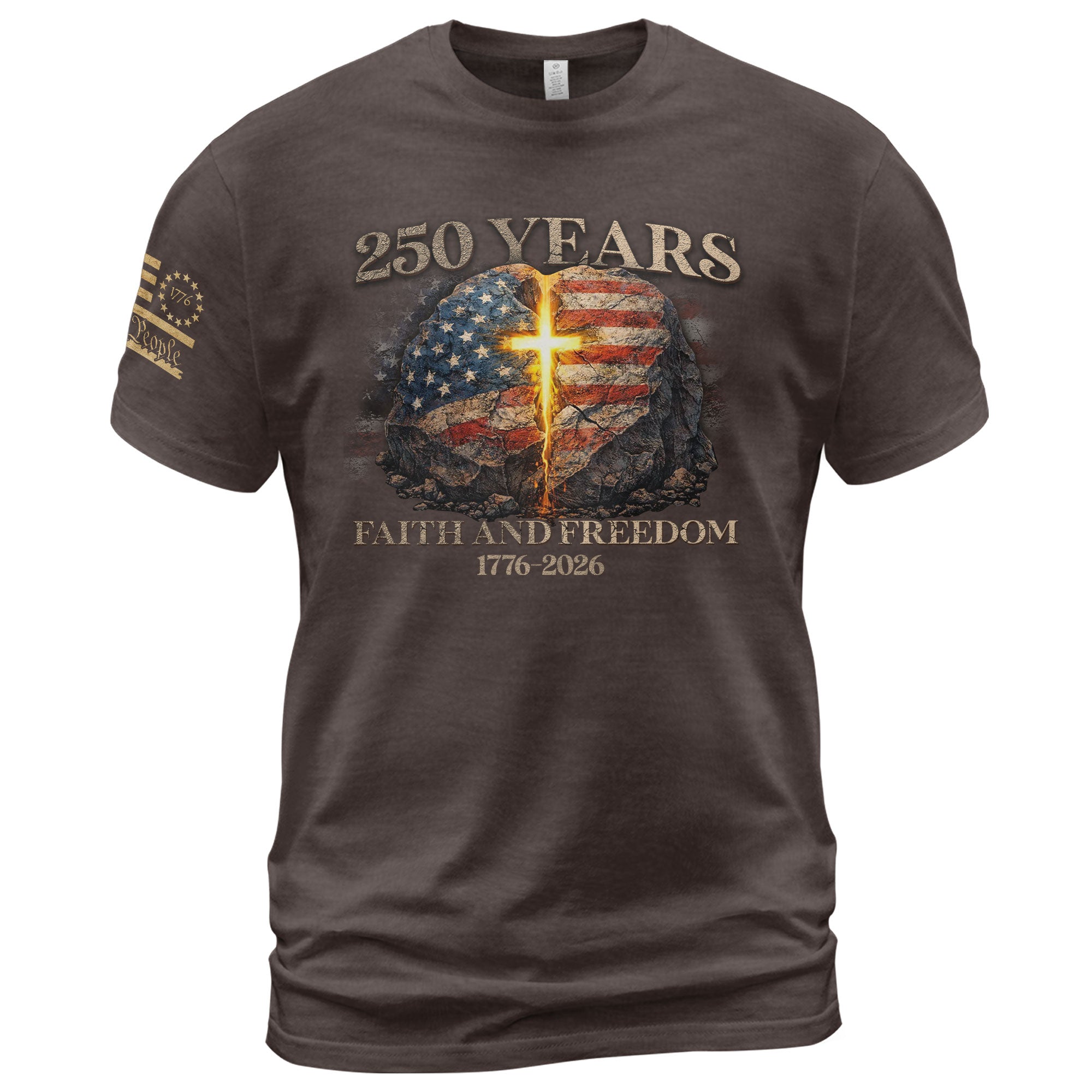 Faith and Freedom 250 Years T-Shirt - Glowing Cross & American Flag Rock Graphic Tee