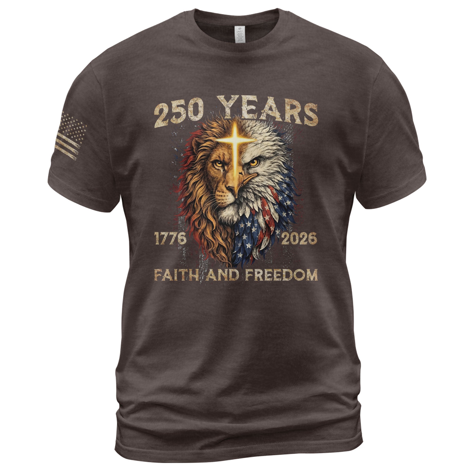 250 Years of Faith and Freedom Shirt - Lion and Eagle Cross Patriotic Strength Statement Graphic Tee