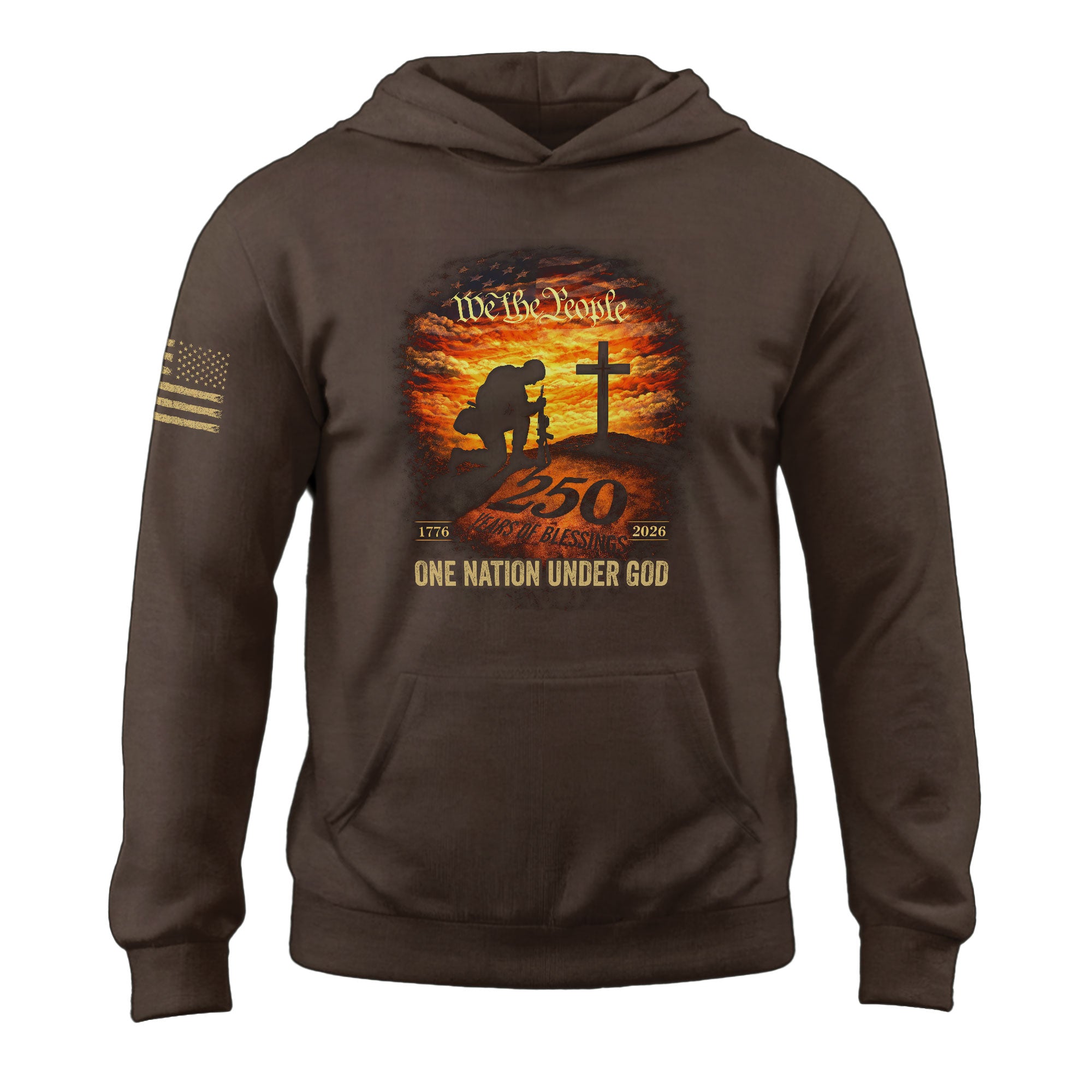 USA 250th Anniversary 1776-2026 Semiquincentennial Hoodie – One Nation Under God Kneeling Soldier Cross We The People Patriotic Apparel