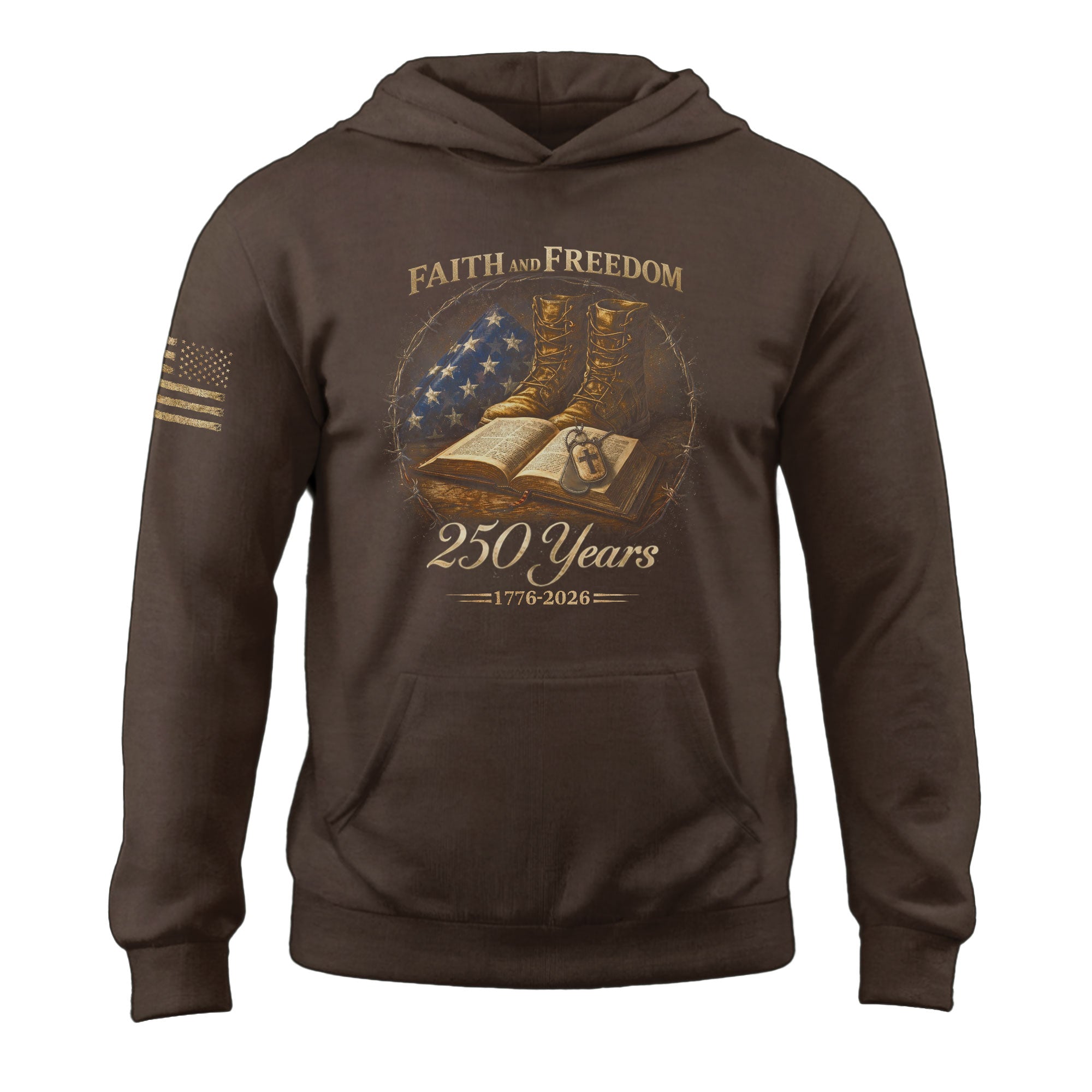 America 250th Anniversary 1776-2026 Semiquincentennial Hoodie – Faith and Freedom Christian Bible & Military Boots Patriotic Men’s Hoodie
