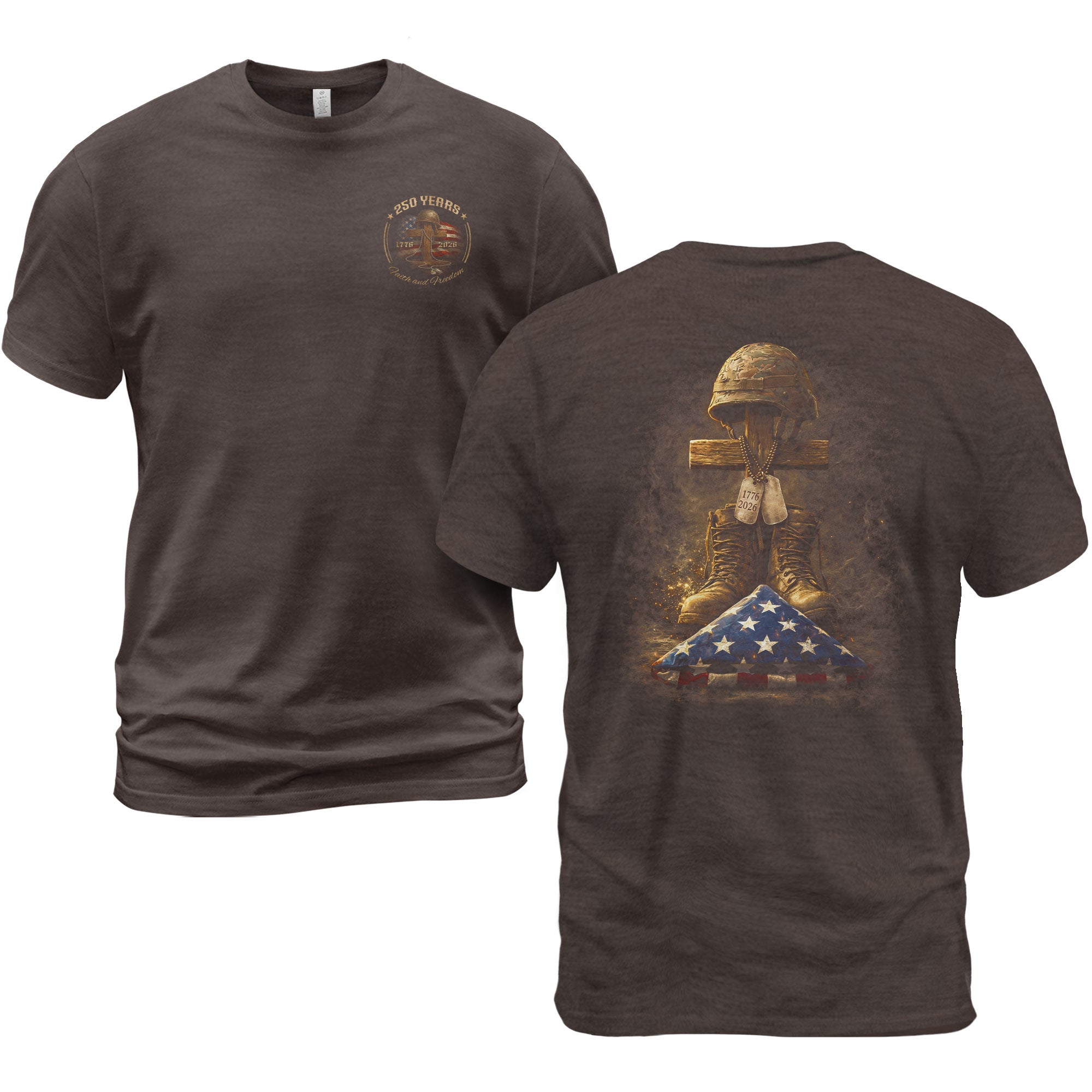 America 250th Anniversary 1776-2026 Semiquincentennial T-Shirt – 250 Years Faith and Freedom Battlefield Cross Soldier Boots Helmet Patriotic Tee