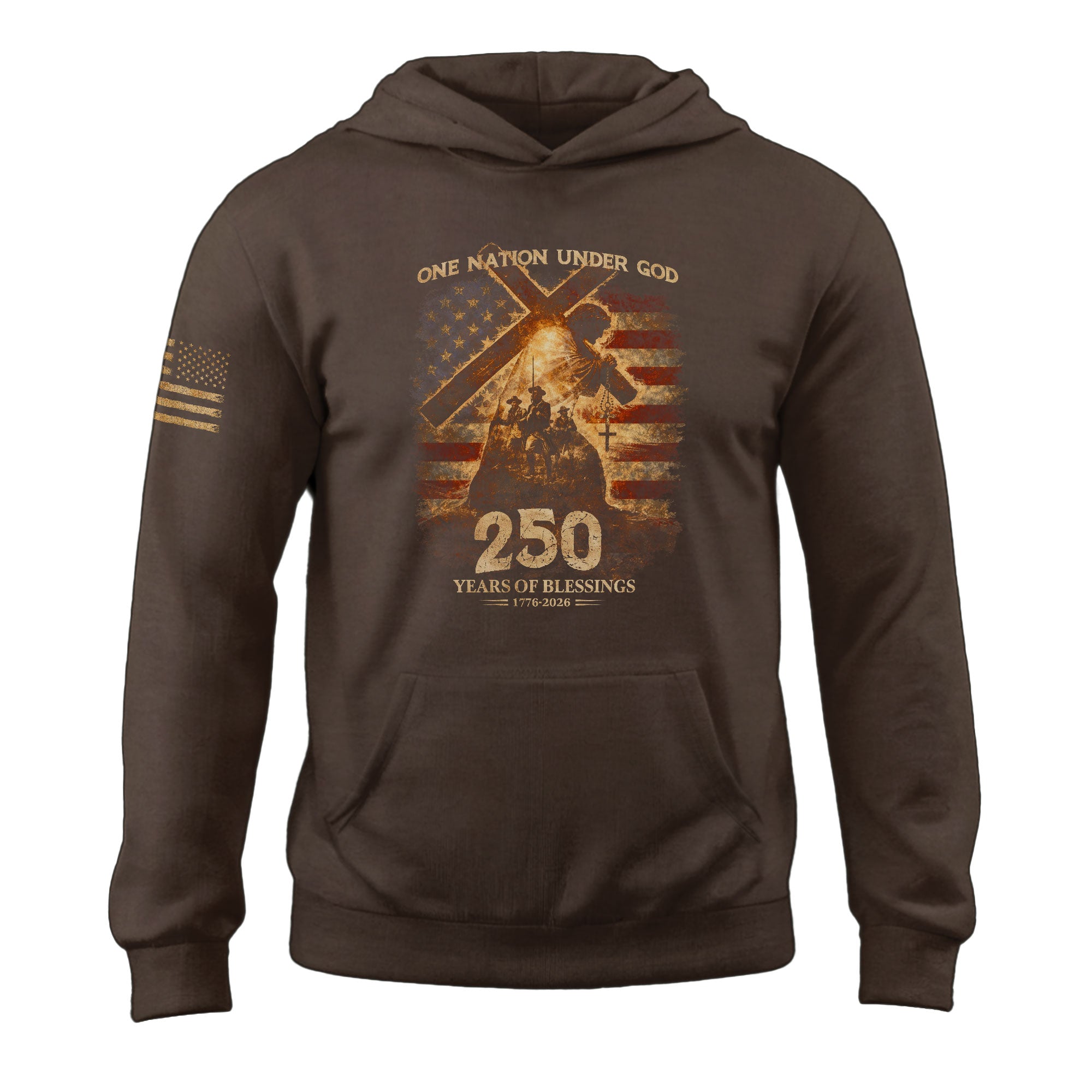 USA 250th Anniversary 1776-2026 Semiquincentennial Hoodie – One Nation Under God Jesus Carrying Cross American Flag Christian Hoodie