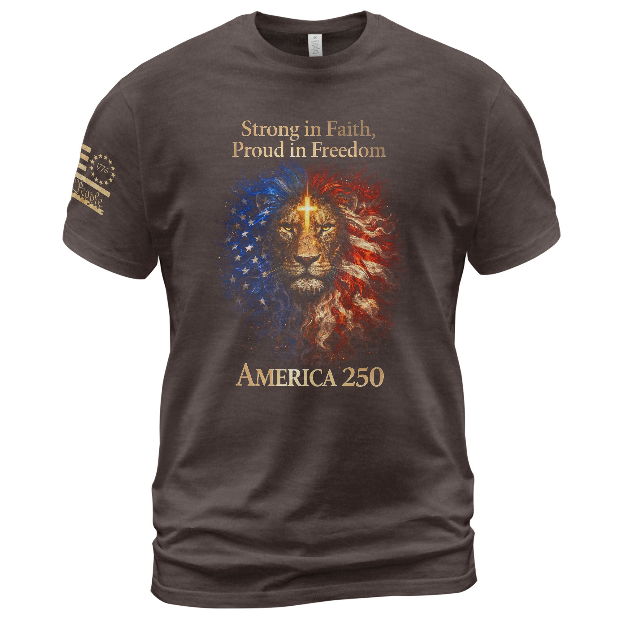 America 250th Anniversary 1776-2026 Semiquincentennial T-Shirt – Strong in Faith Proud in Freedom Lion Cross Patriotic Tee