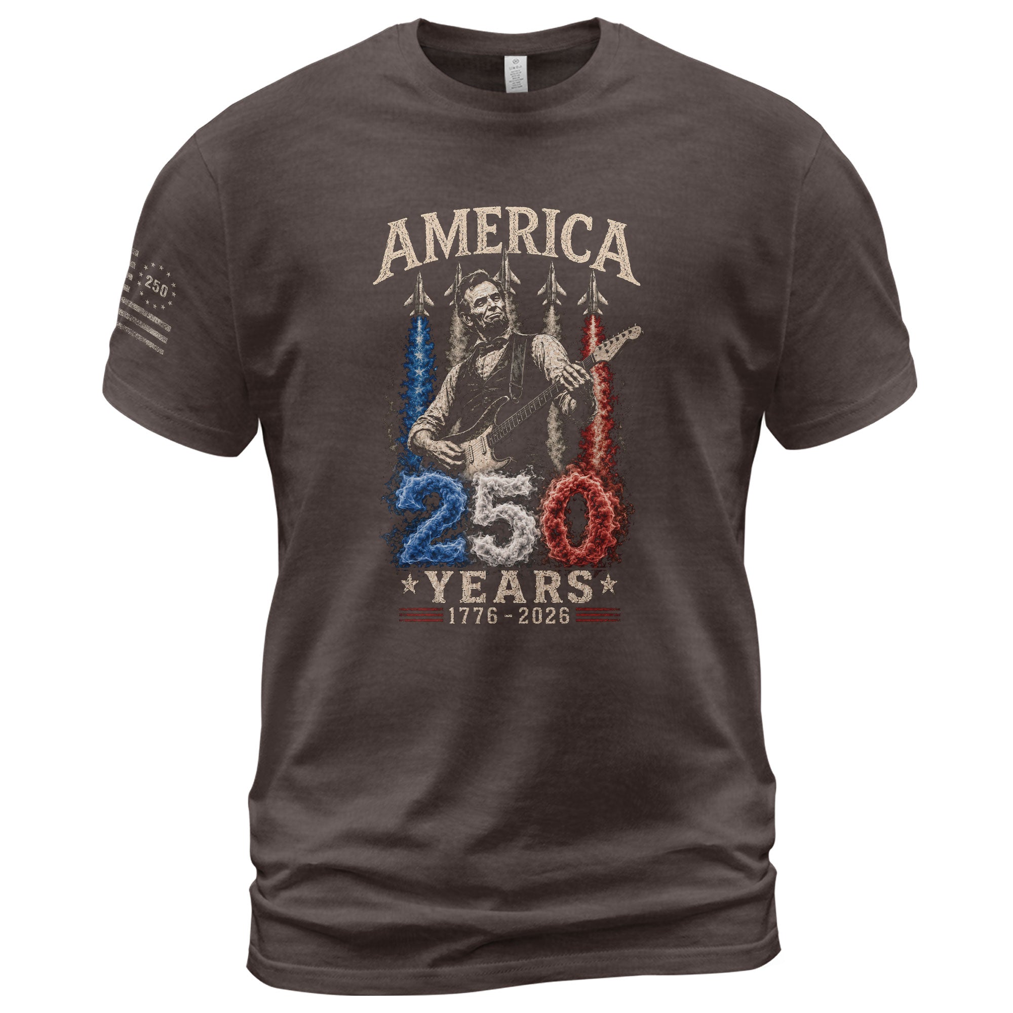 Mens T Shirt Patriotic Abraham Lincoln Guitar 1776-2026 250 Years Fighter Jet Rock Tee