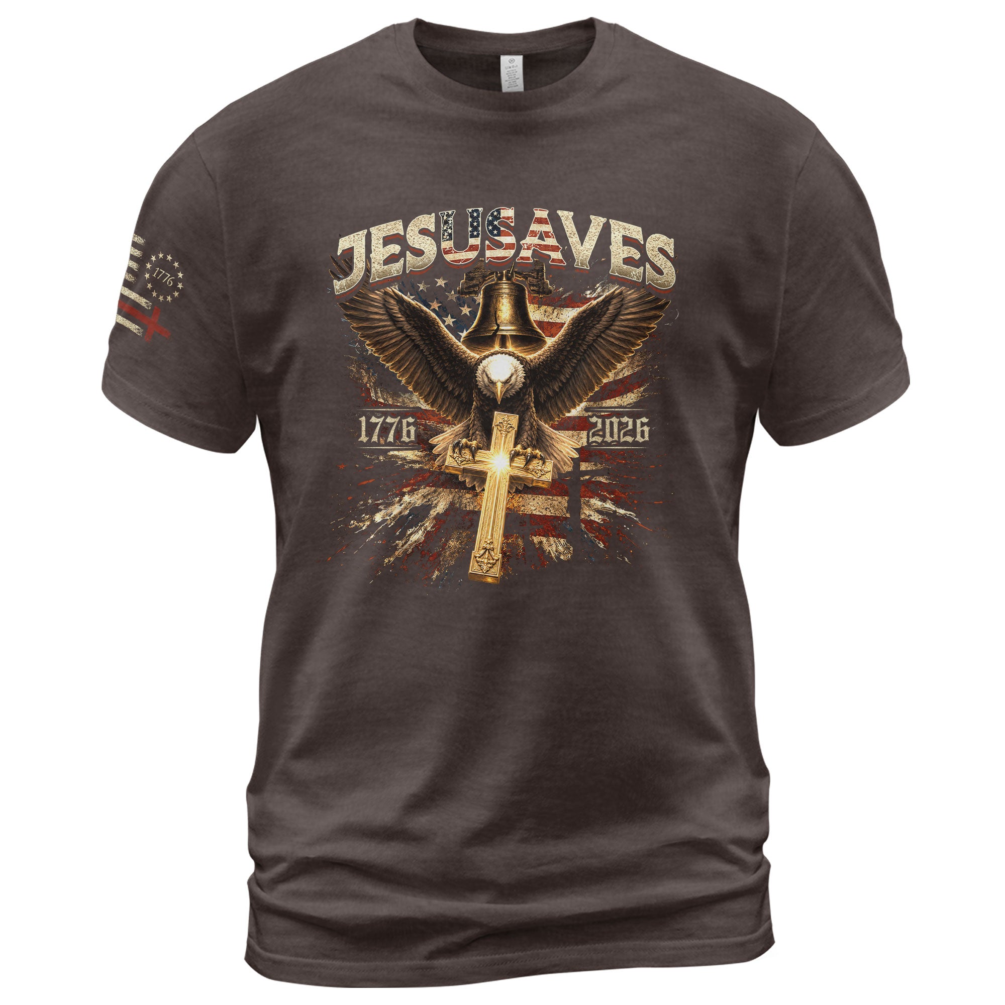 JESUSAVES T-Shirt Patriotic 1776 2026 Liberty Bell Bald Eagle Christian Cross Tee