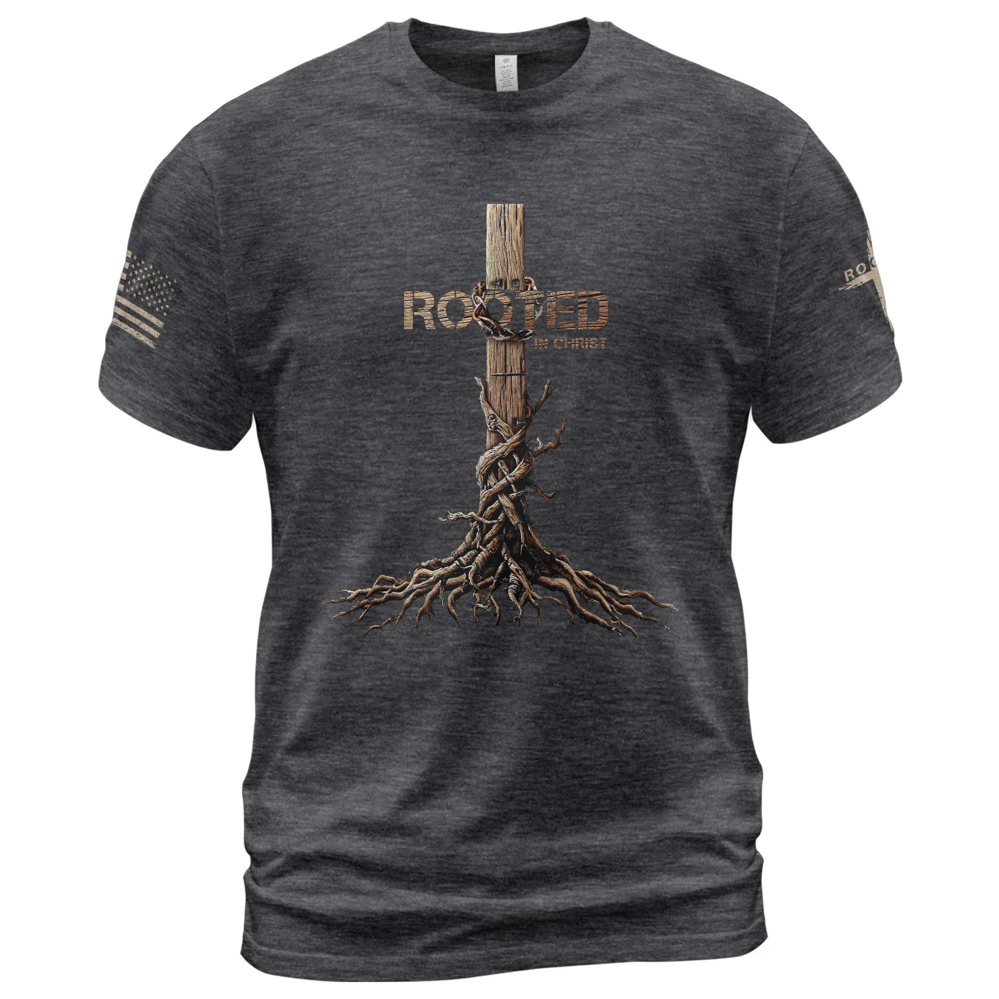 Rooted in Christ Cross & Roots Christian T-Shirt