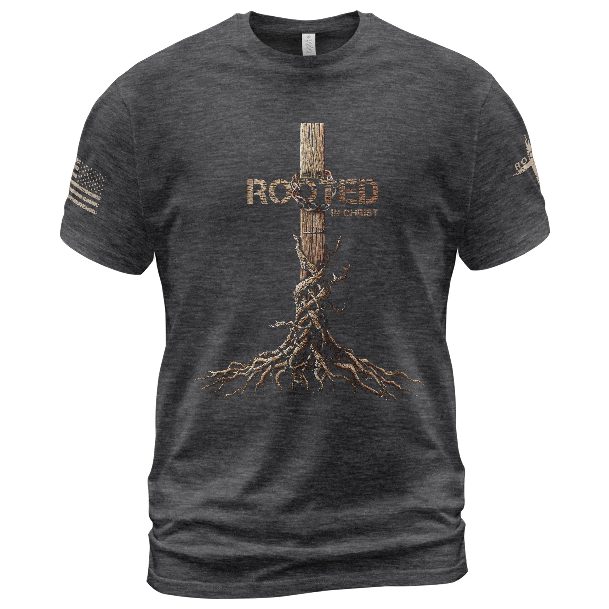 Rooted in Christ Cross & Roots Christian T-Shirt
