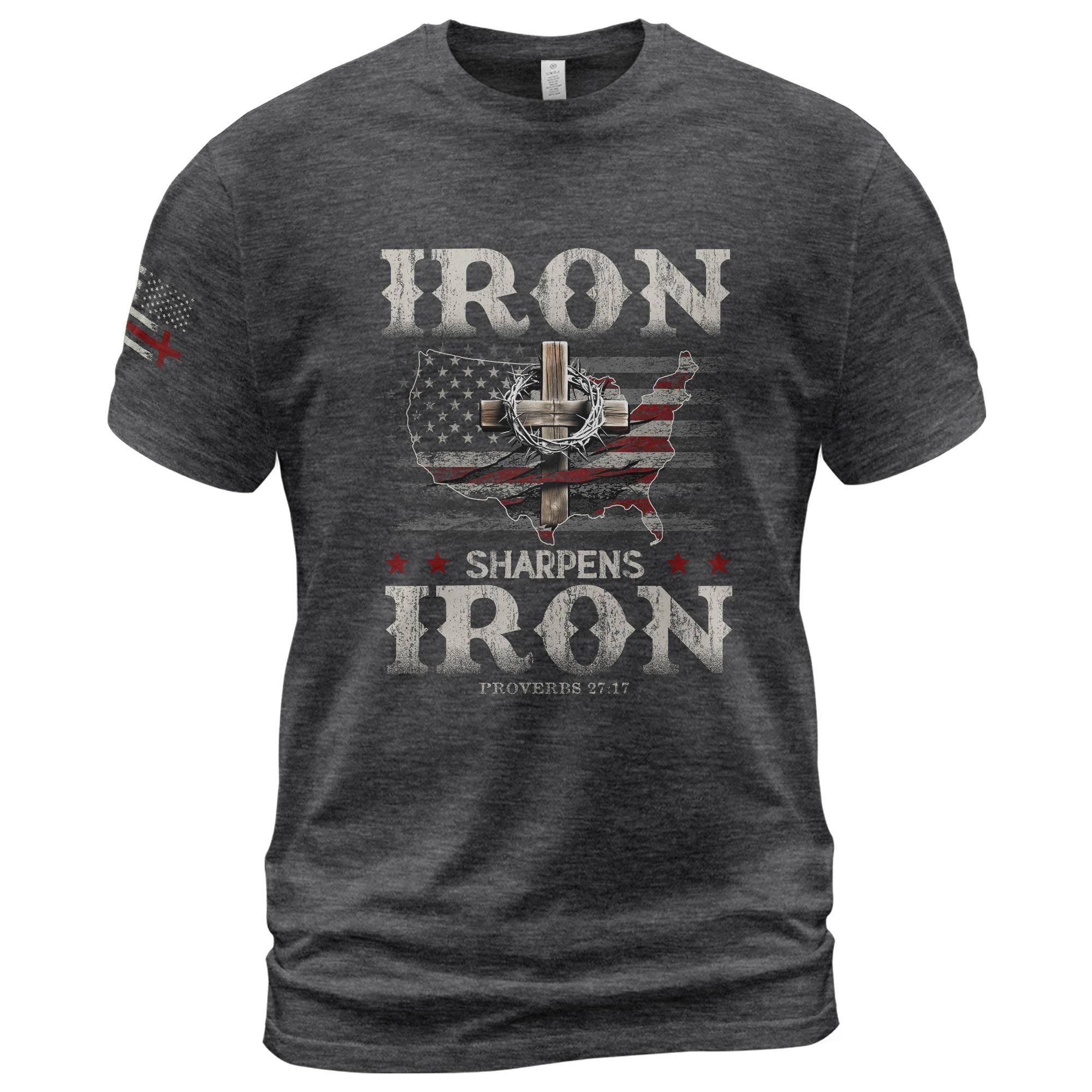 Iron Sharpens Iron T-Shirt – Proverbs 27:17 USA Faith Warrior Tee - Rust Field Wear