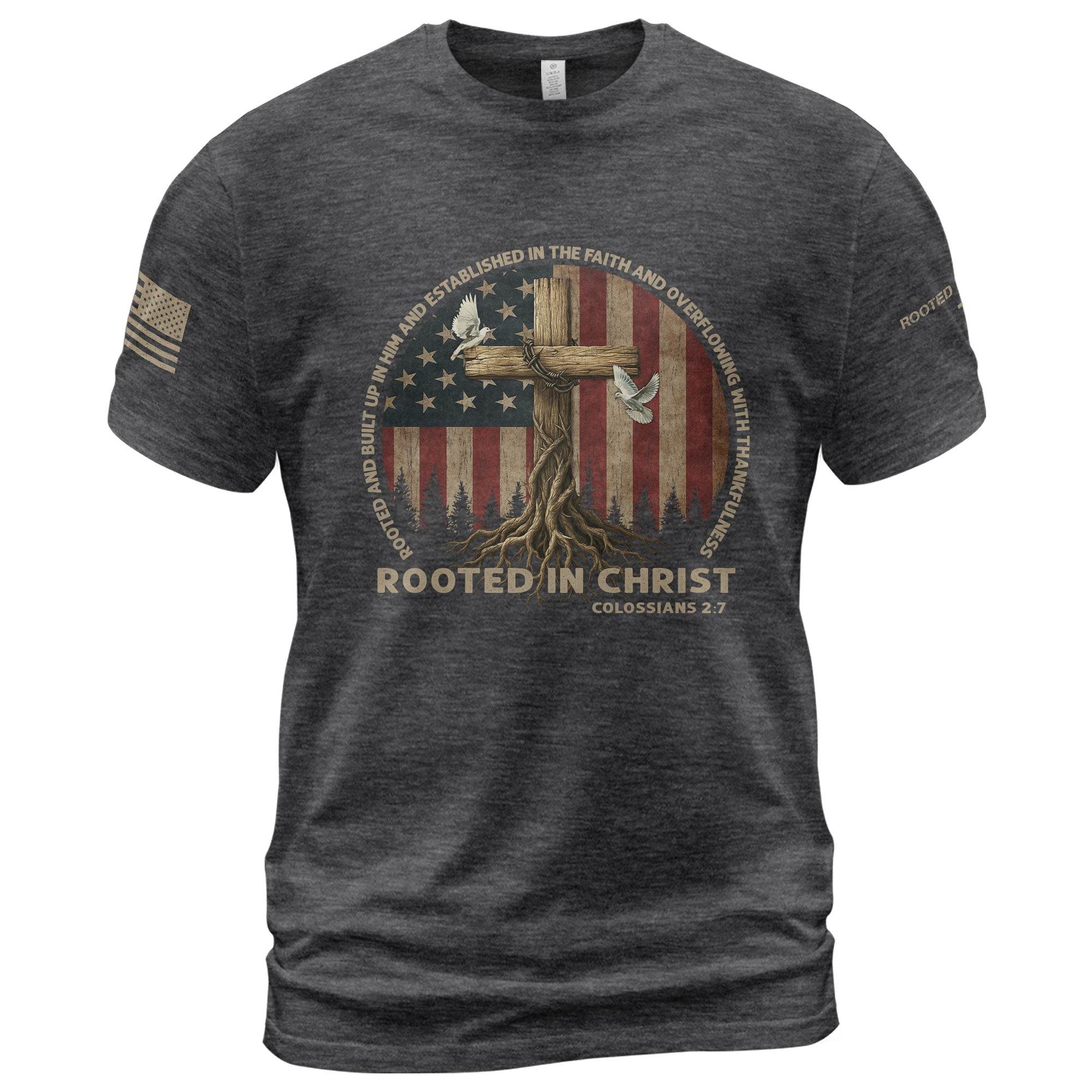 Rooted in Christ Colossians 2:7 Christian T-Shirt - Rust Field Wear