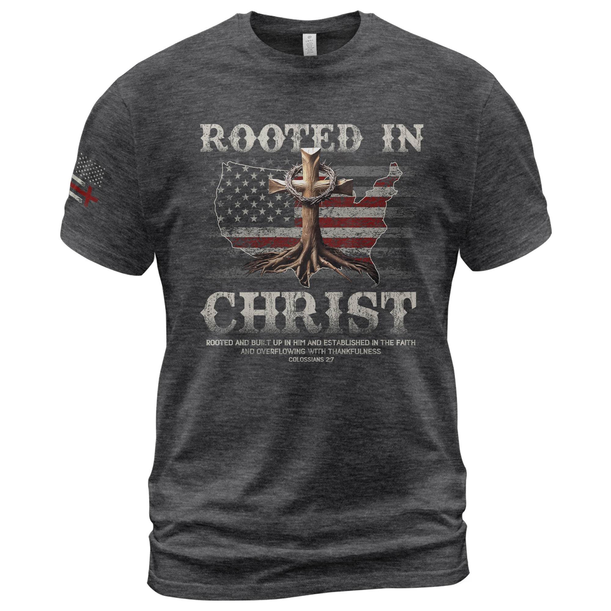 Rooted in Christ USA Flag Map Christian T-Shirt - Rust Field Wear