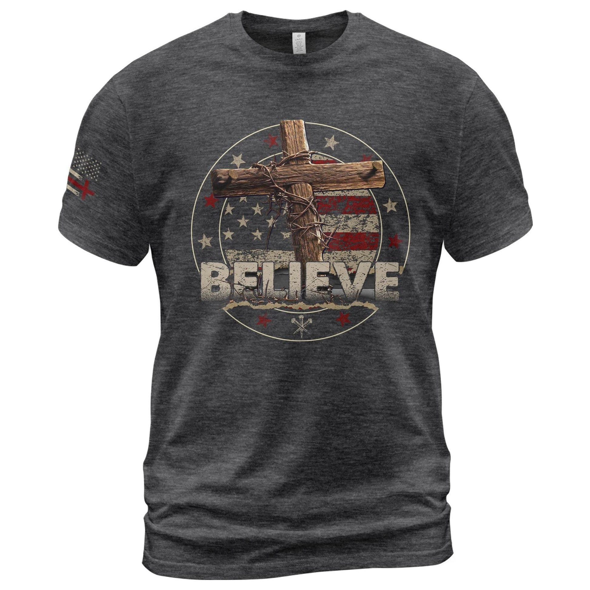BELIEVE Christian T-Shirt – American Flag Cross & Crown of Thorns - Rust Field Wear