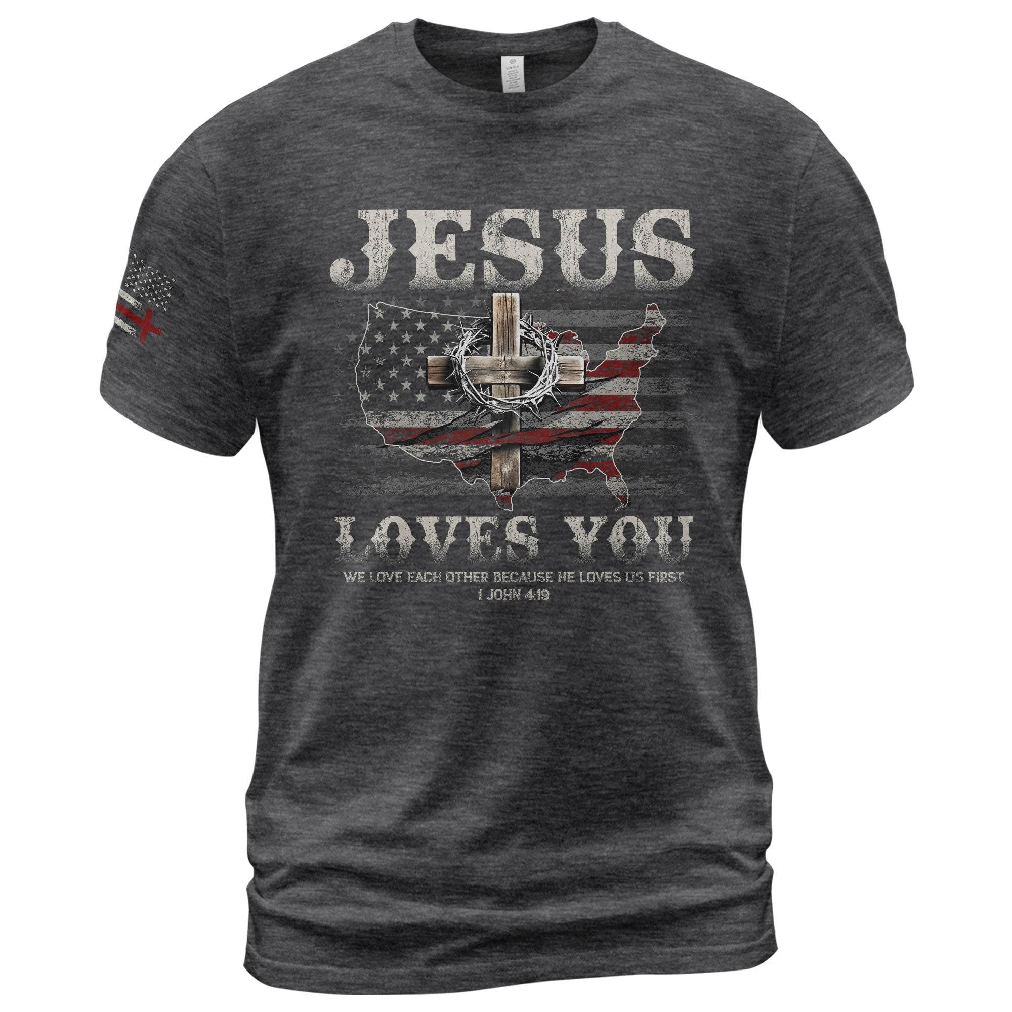 Jesus Loves You - American Flag Cross T-Shirt - Rust Field Wear