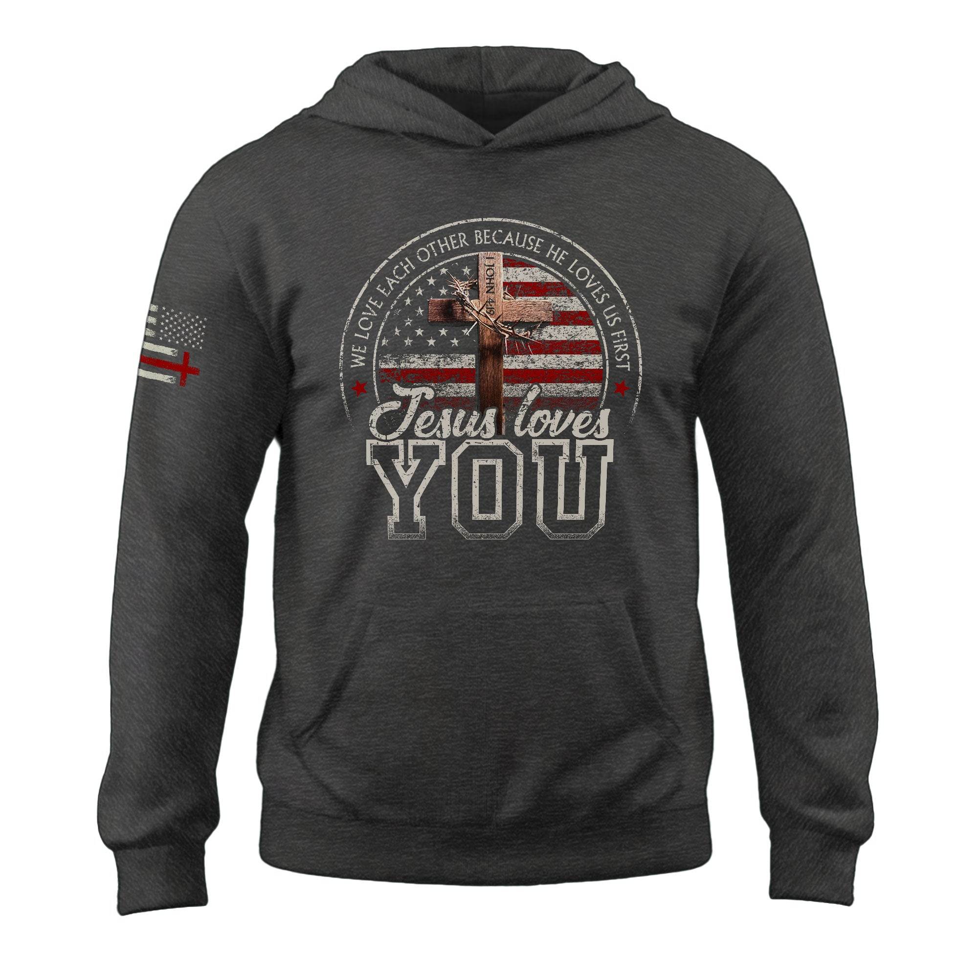 Jesus Loves You Hoodie – 1 John 4:19 Cross & Flag Graphic - Rust Field Wear