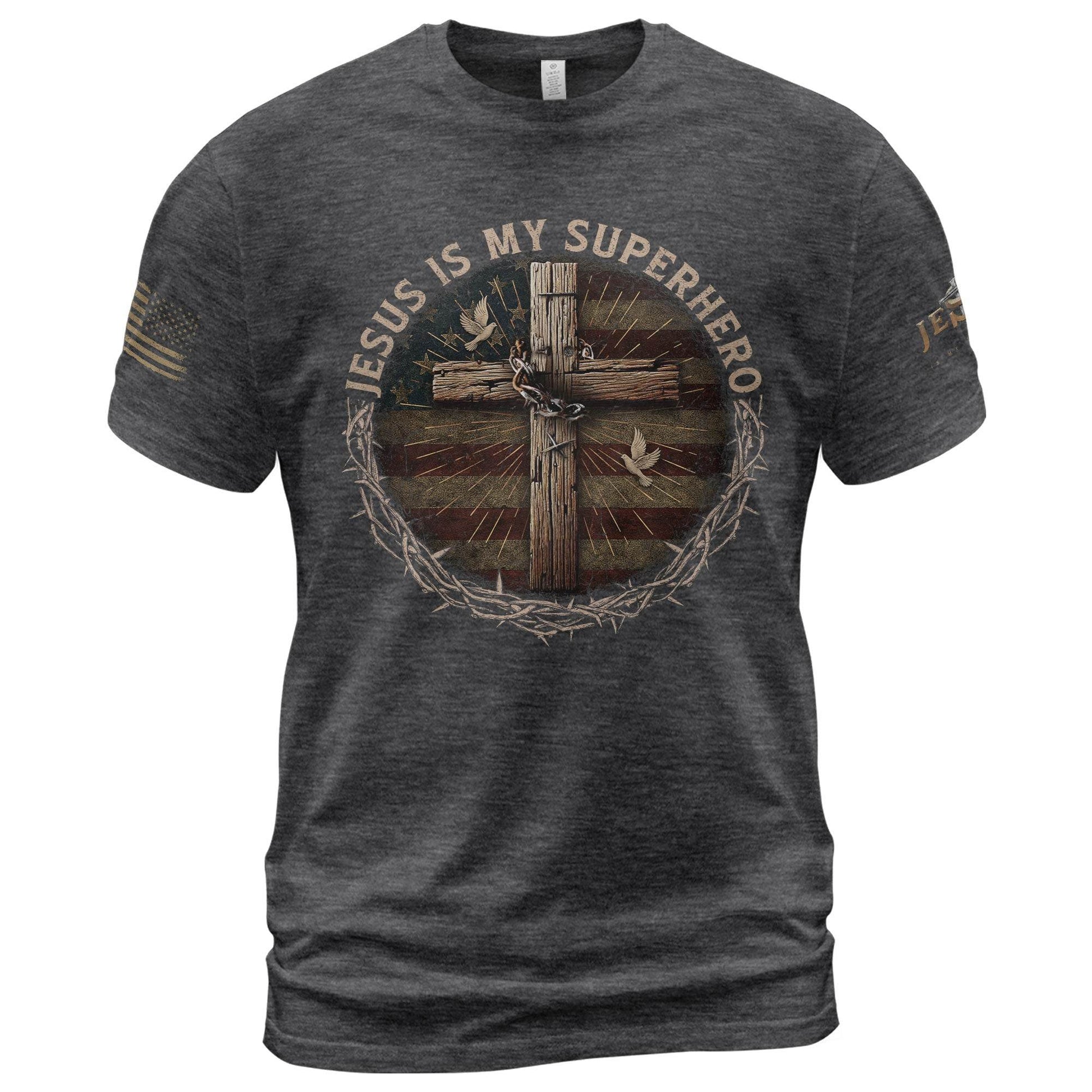Jesus Is My Superhero Cross & American Flag T-Shirt - Rust Field Wear