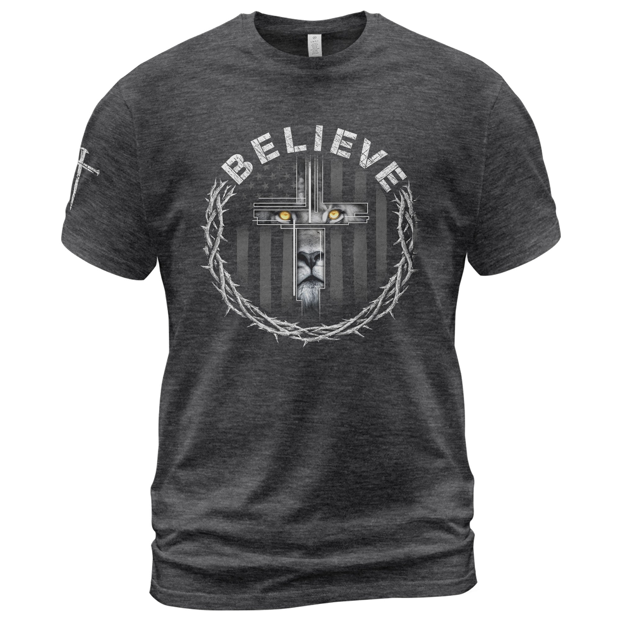 Believe Lion Cross Crown of Thorns Christian T-Shirt