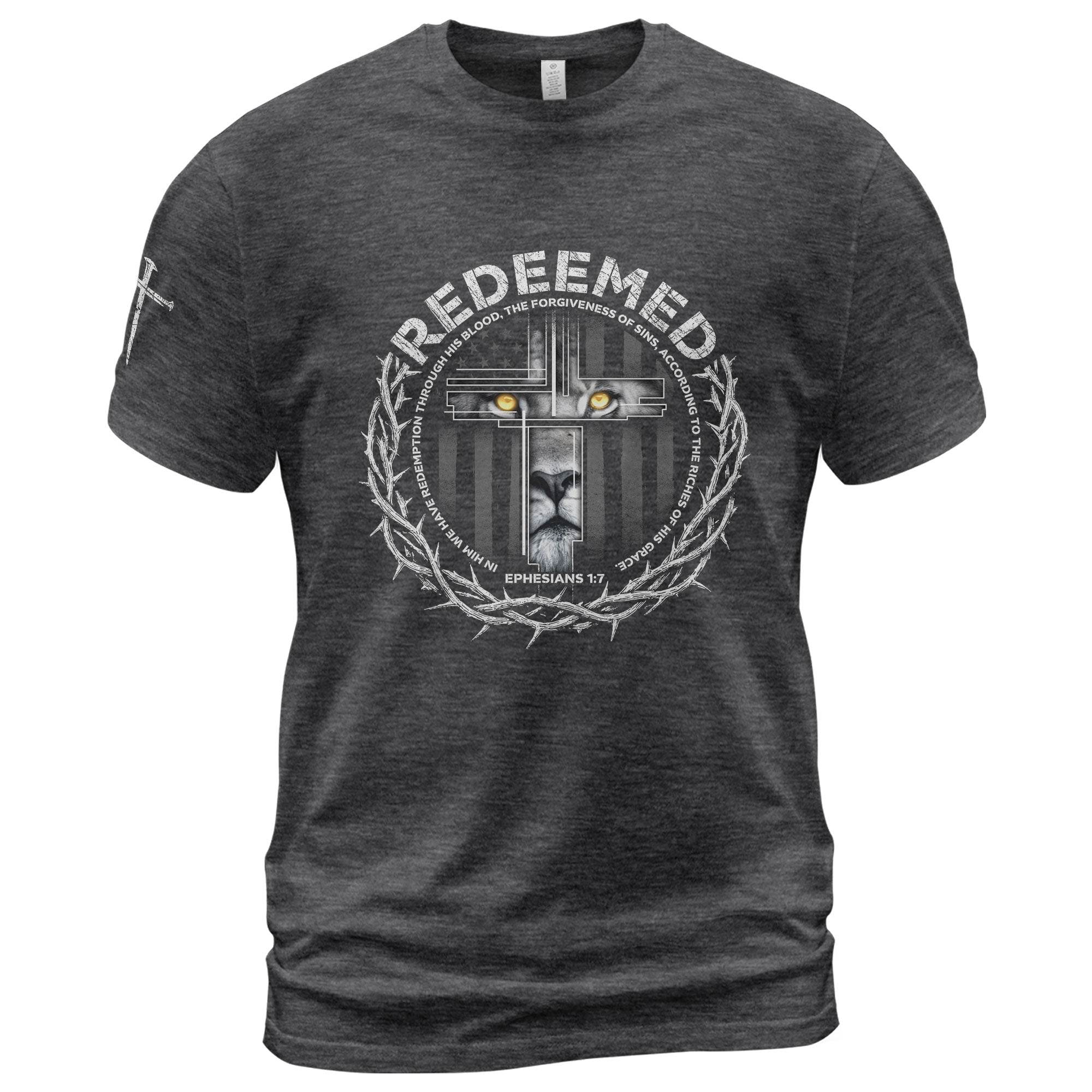 Redeemed Ephesians 1:7 Lion Cross Christian T-Shirt - Rust Field Wear