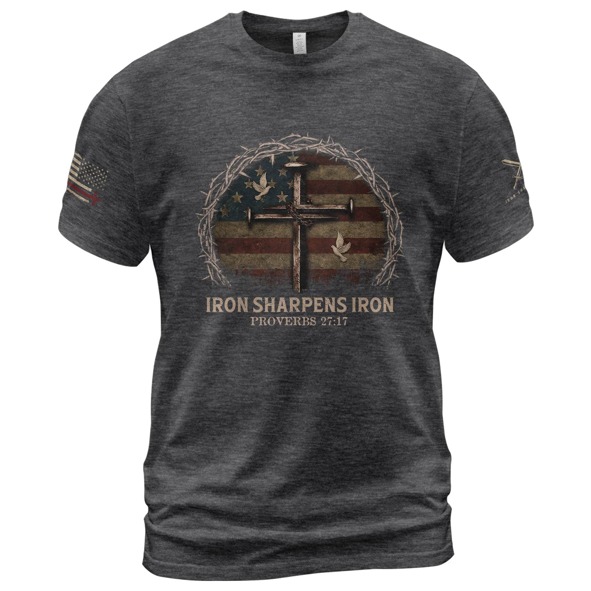 Iron Sharpens Iron Cross American Flag T-Shirt - Rust Field Wear