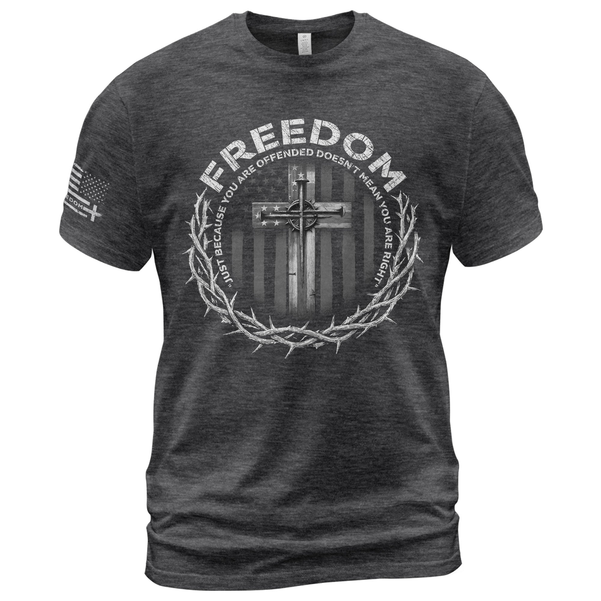 Freedom Memorial American Flag Cross with Crown of Thorns & Quote T-Shirt