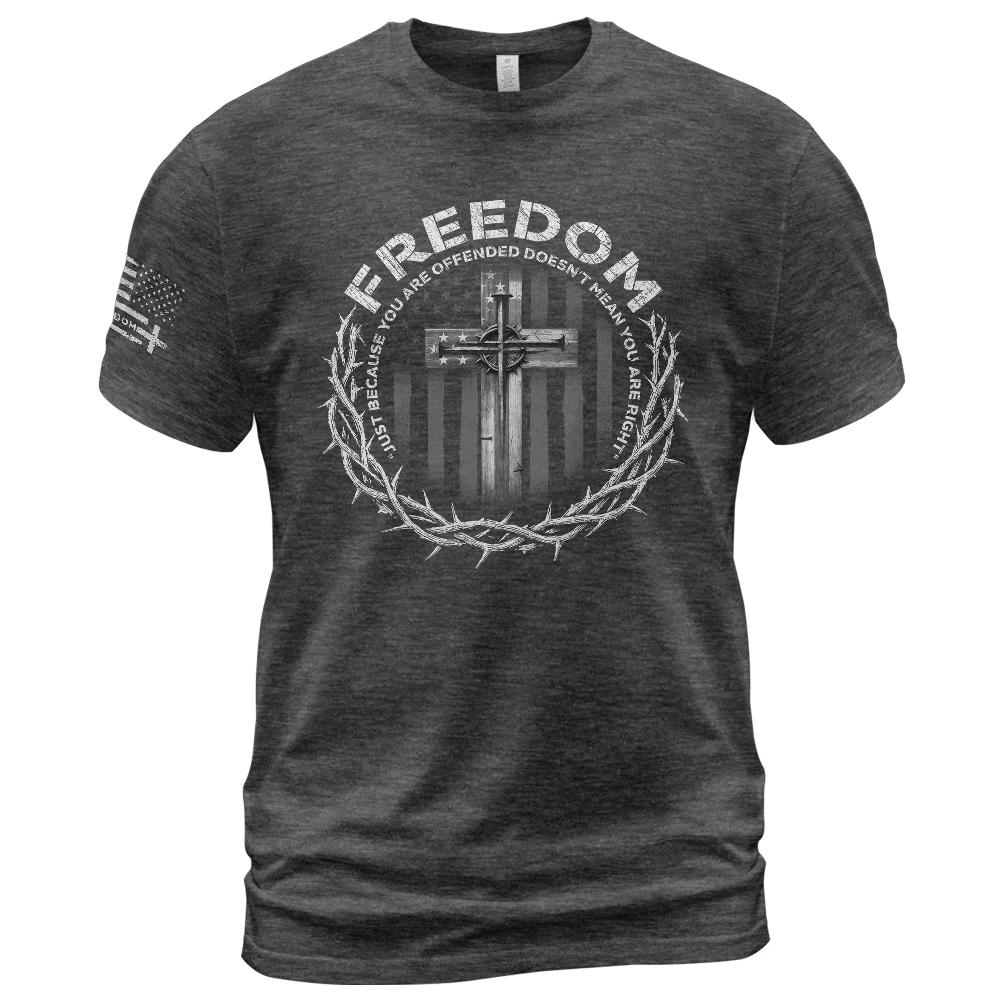 Freedom Memorial American Flag Cross with Crown of Thorns & Quote T-Shirt