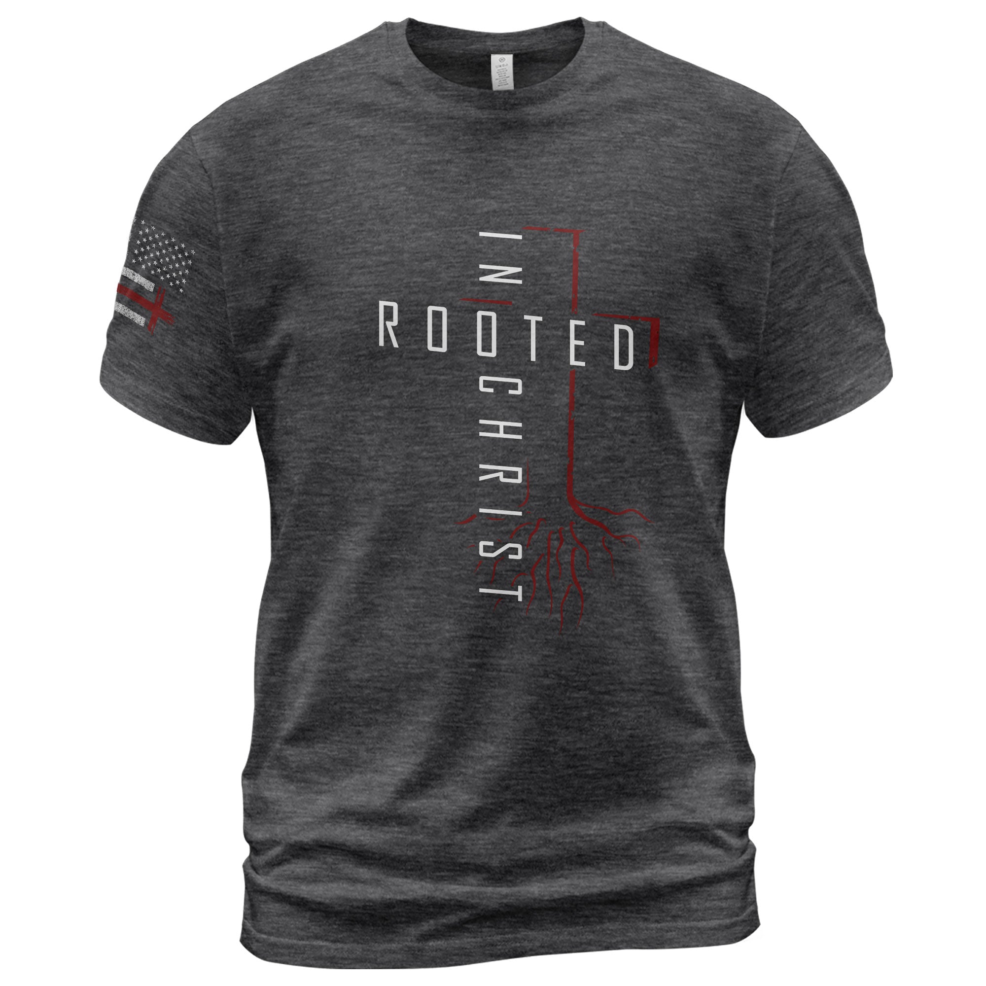 Rooted In Christ Red Cross and Roots Christian T-Shirt