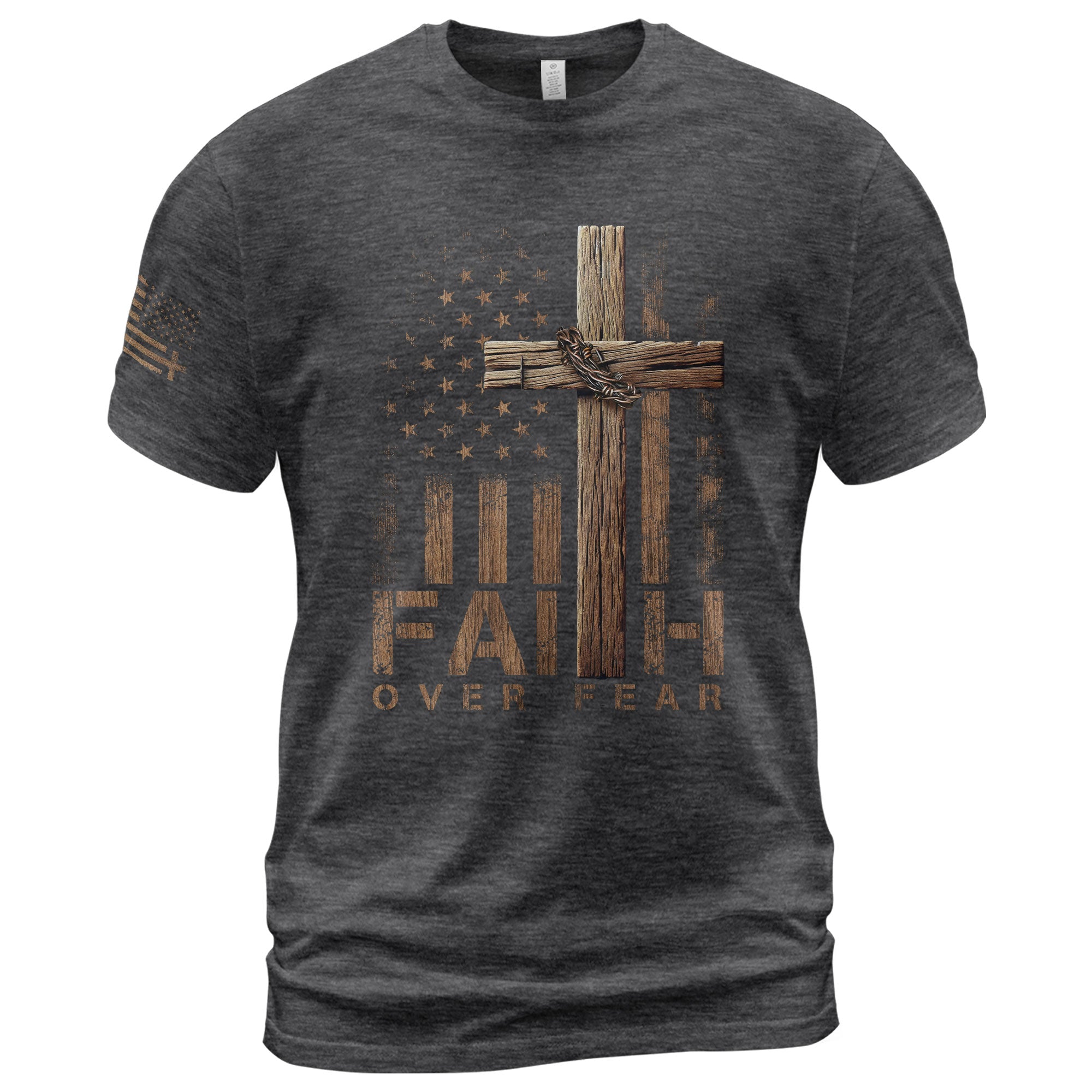 Faith Over Fear Wooden Cross American Flag Christian T-Shirt