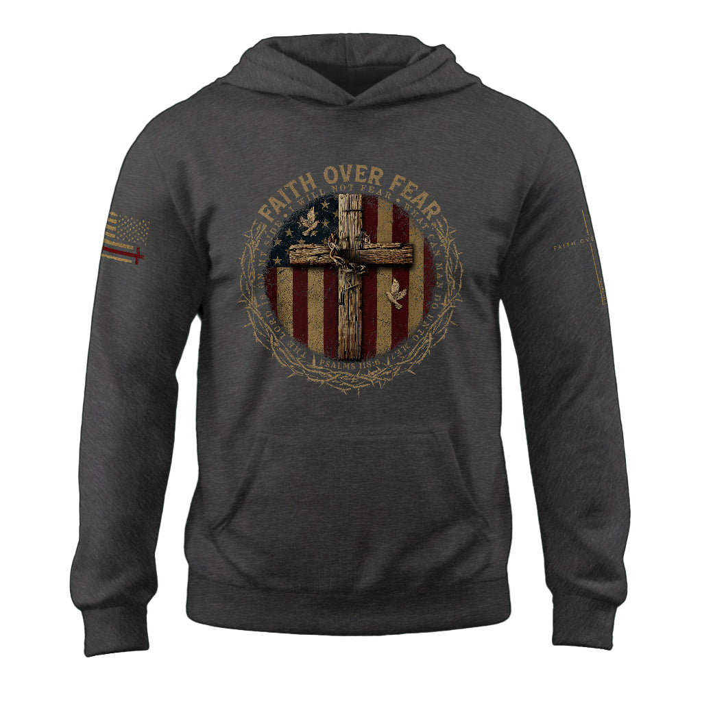 Faith Over Fear Christian Hoodie American Flag Cross Design Religious
