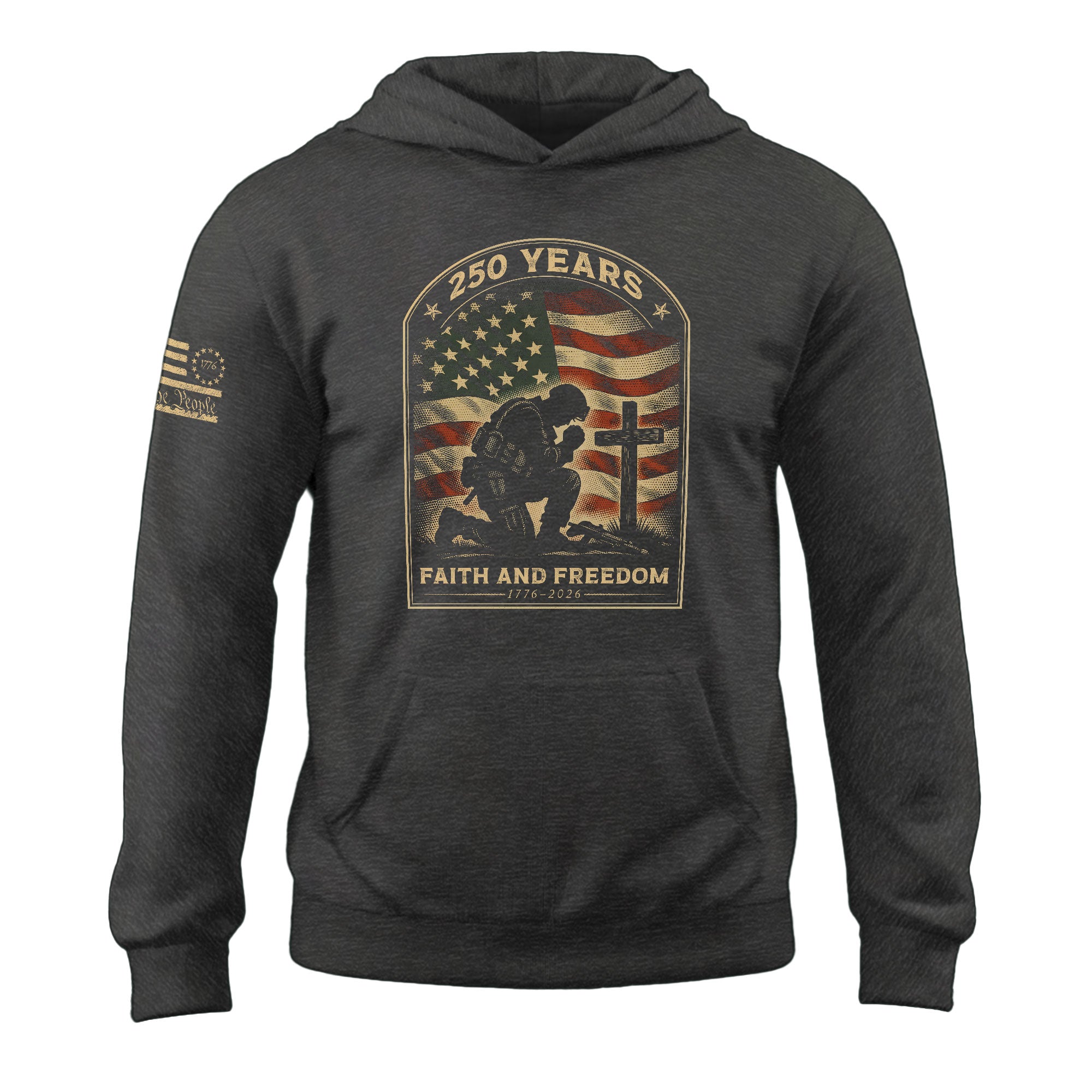 America 250th Anniversary Hoodie 1776-2026 – Kneeling Soldier Cross US Flag 250 Years Military Patriotic Men’s Hoodie