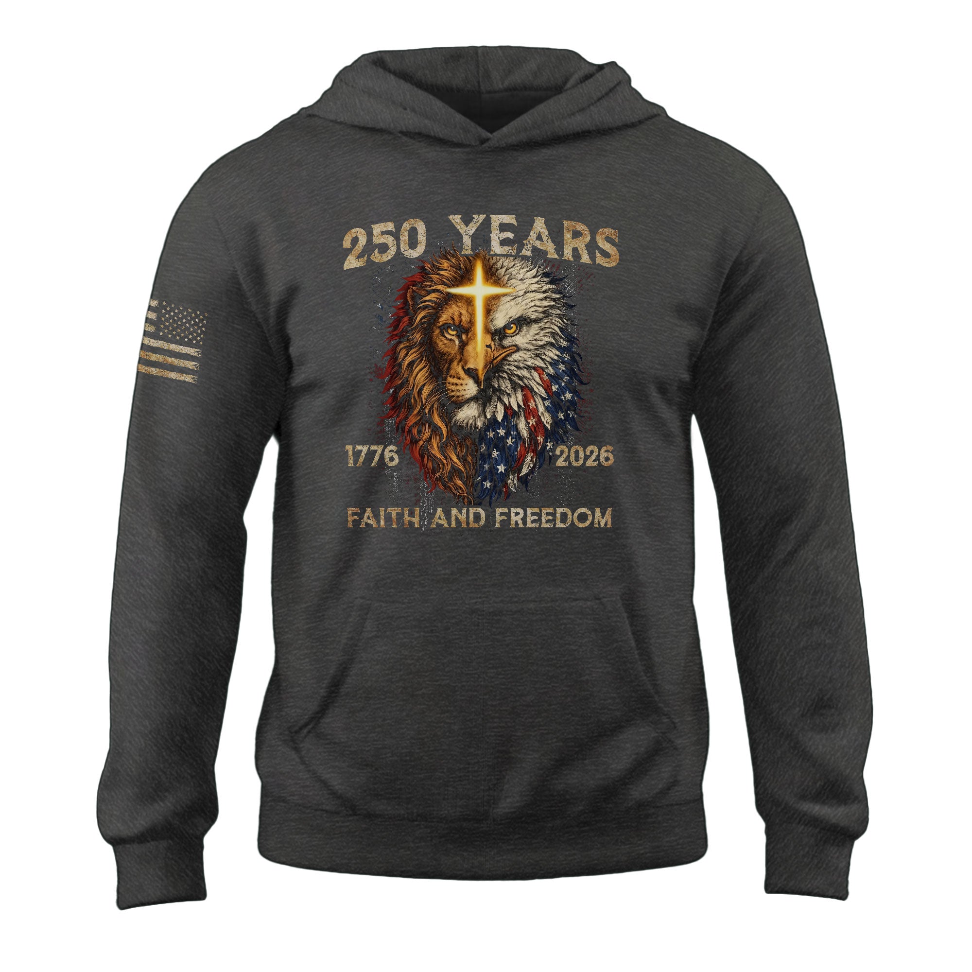 USA 250th Anniversary 1776-2026 Semiquincentennial Hoodie – Christian Faith and Freedom Lion of Judah American Flag Men’s Apparel