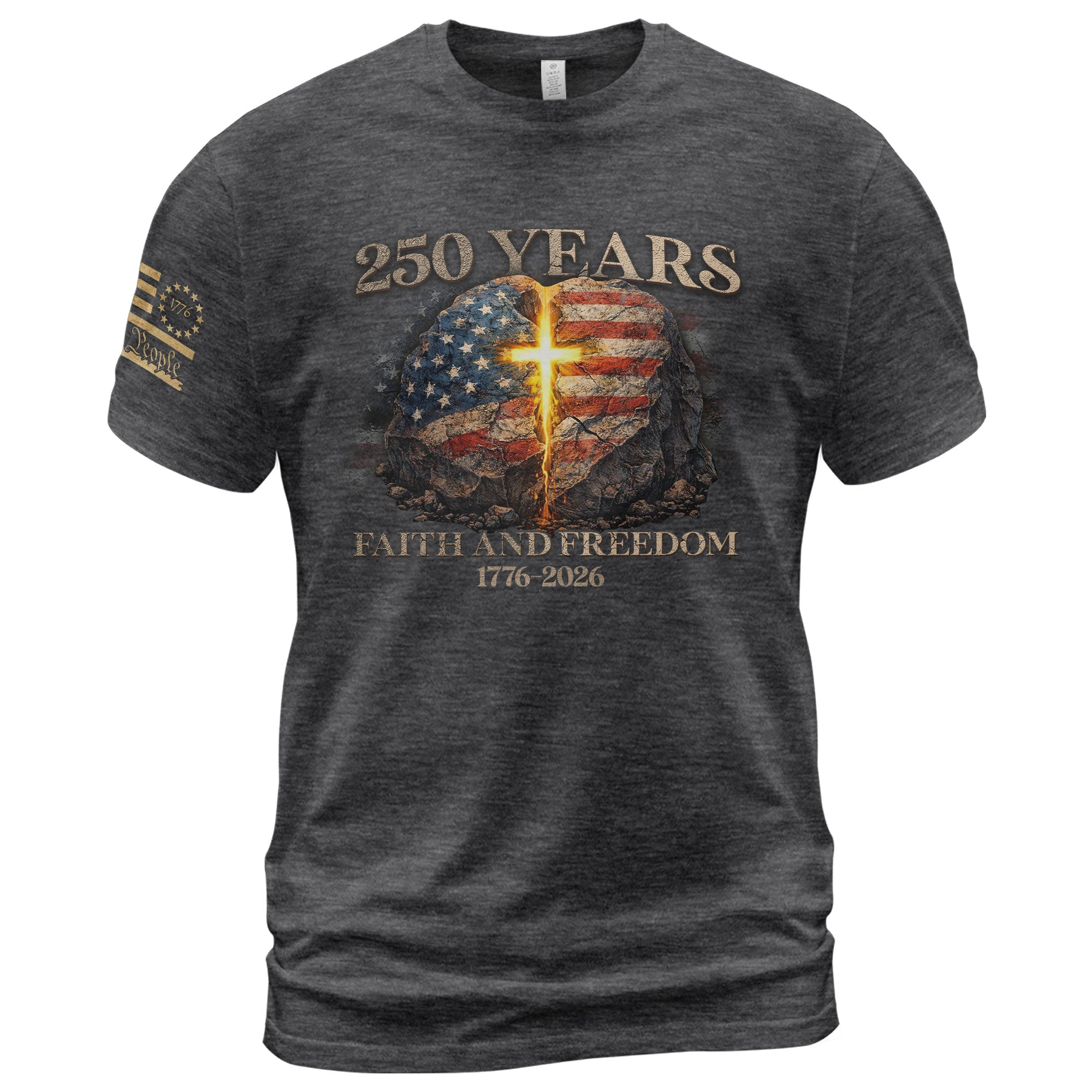 Faith and Freedom 250 Years T-Shirt - Glowing Cross & American Flag Rock Graphic Tee