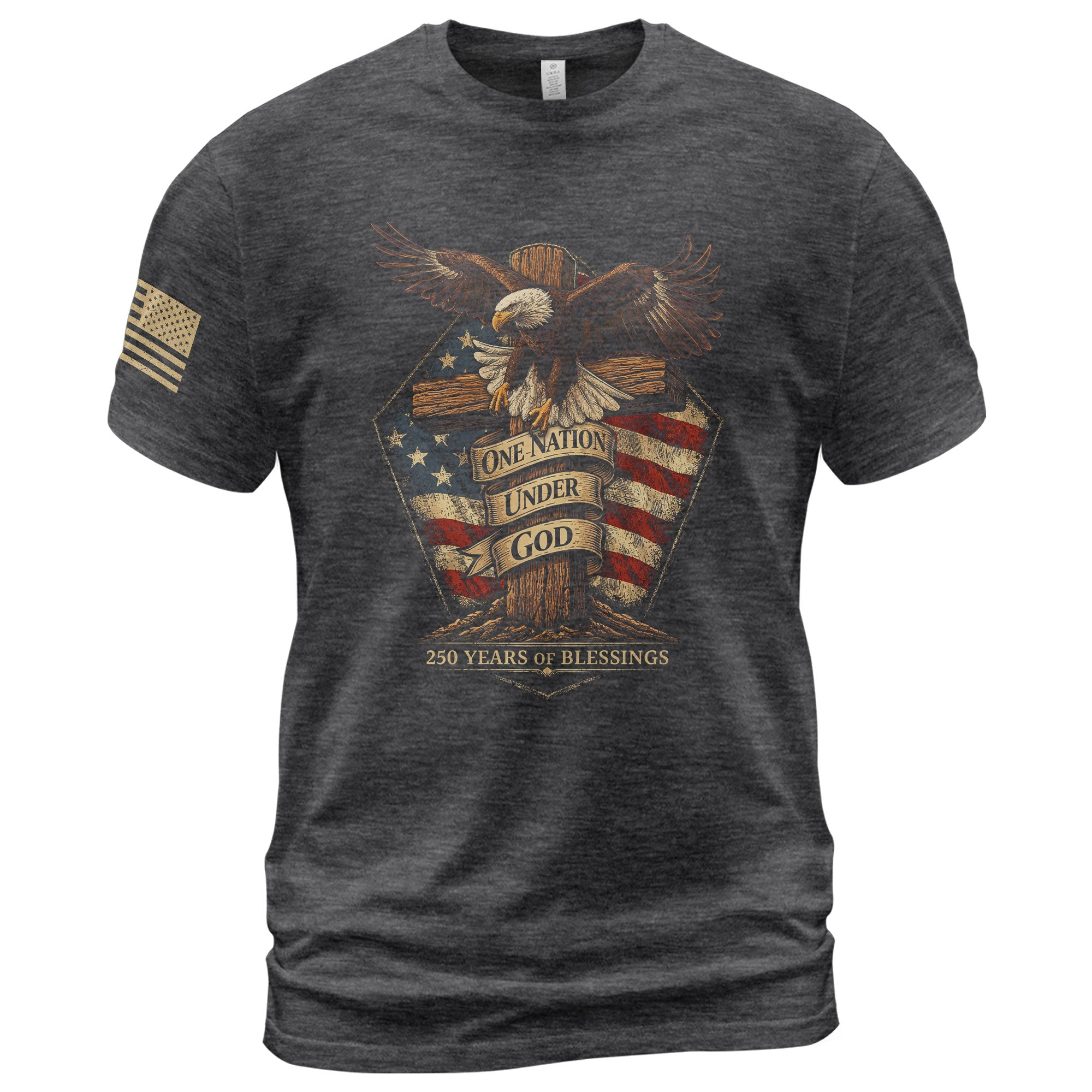 American Faith 250 Years of Blessings T-Shirt - One Nation Under God Eagle & Cross Design