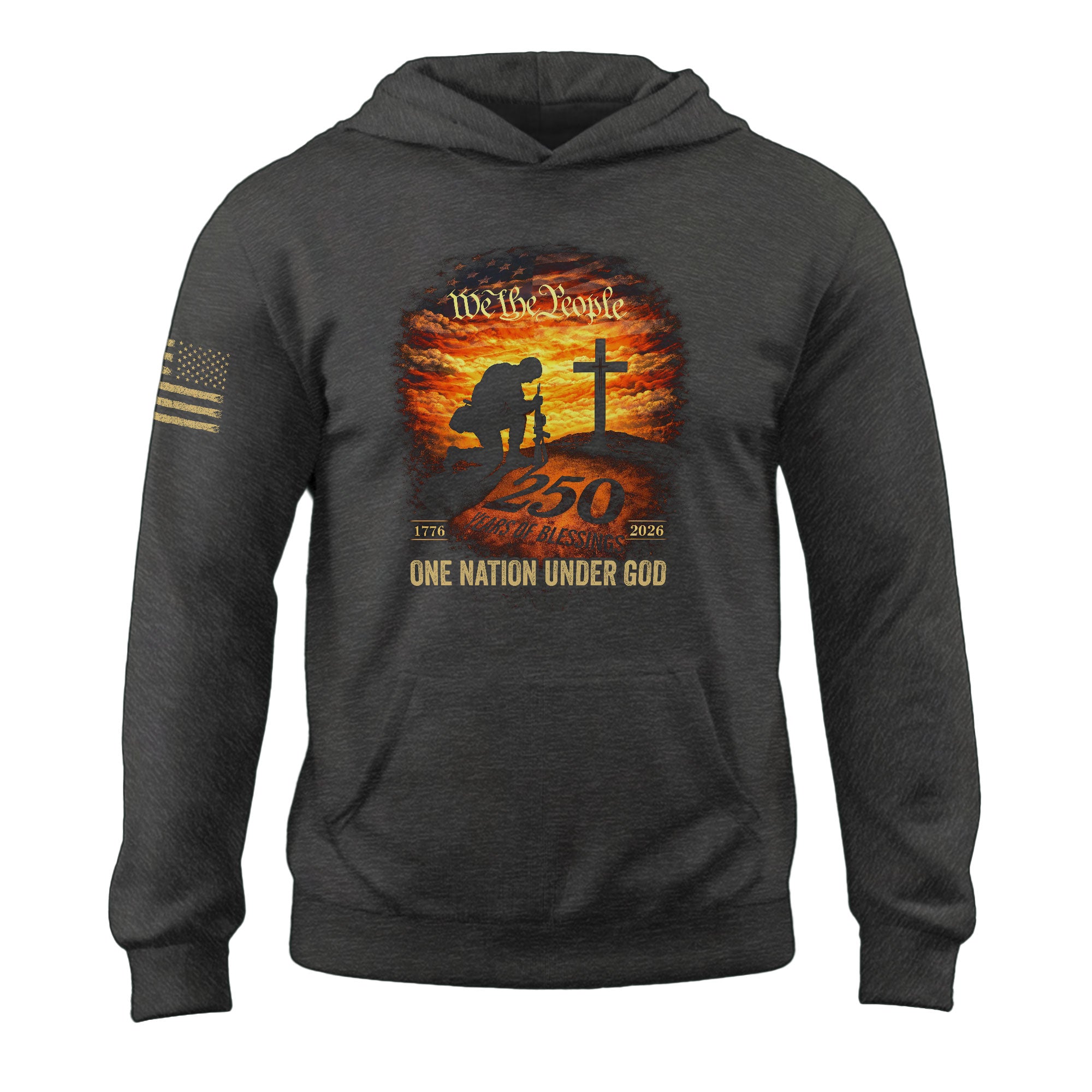 USA 250th Anniversary 1776-2026 Semiquincentennial Hoodie – One Nation Under God Kneeling Soldier Cross We The People Patriotic Apparel