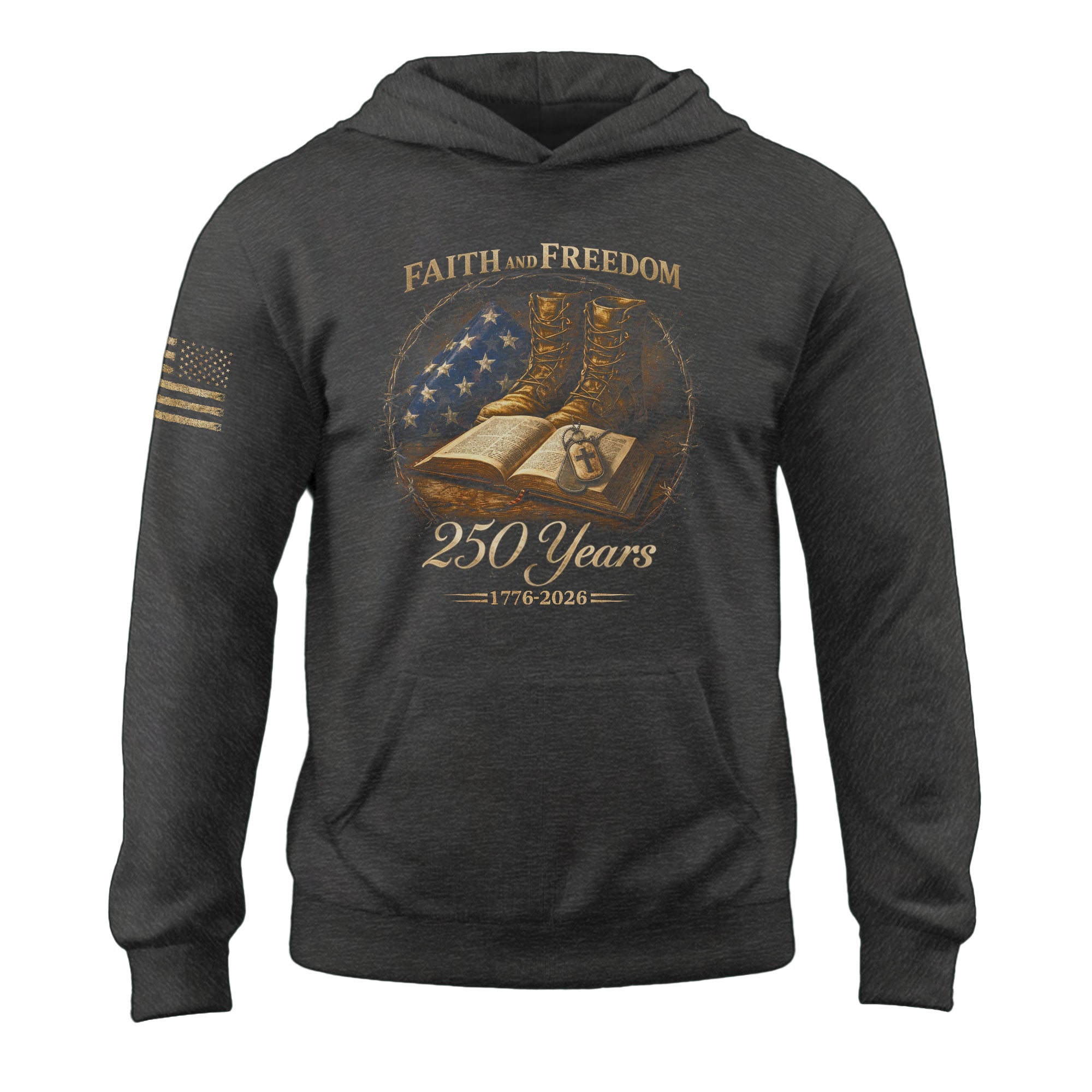 America 250th Anniversary 1776-2026 Semiquincentennial Hoodie – Faith and Freedom Christian Bible & Military Boots Patriotic Men’s Hoodie