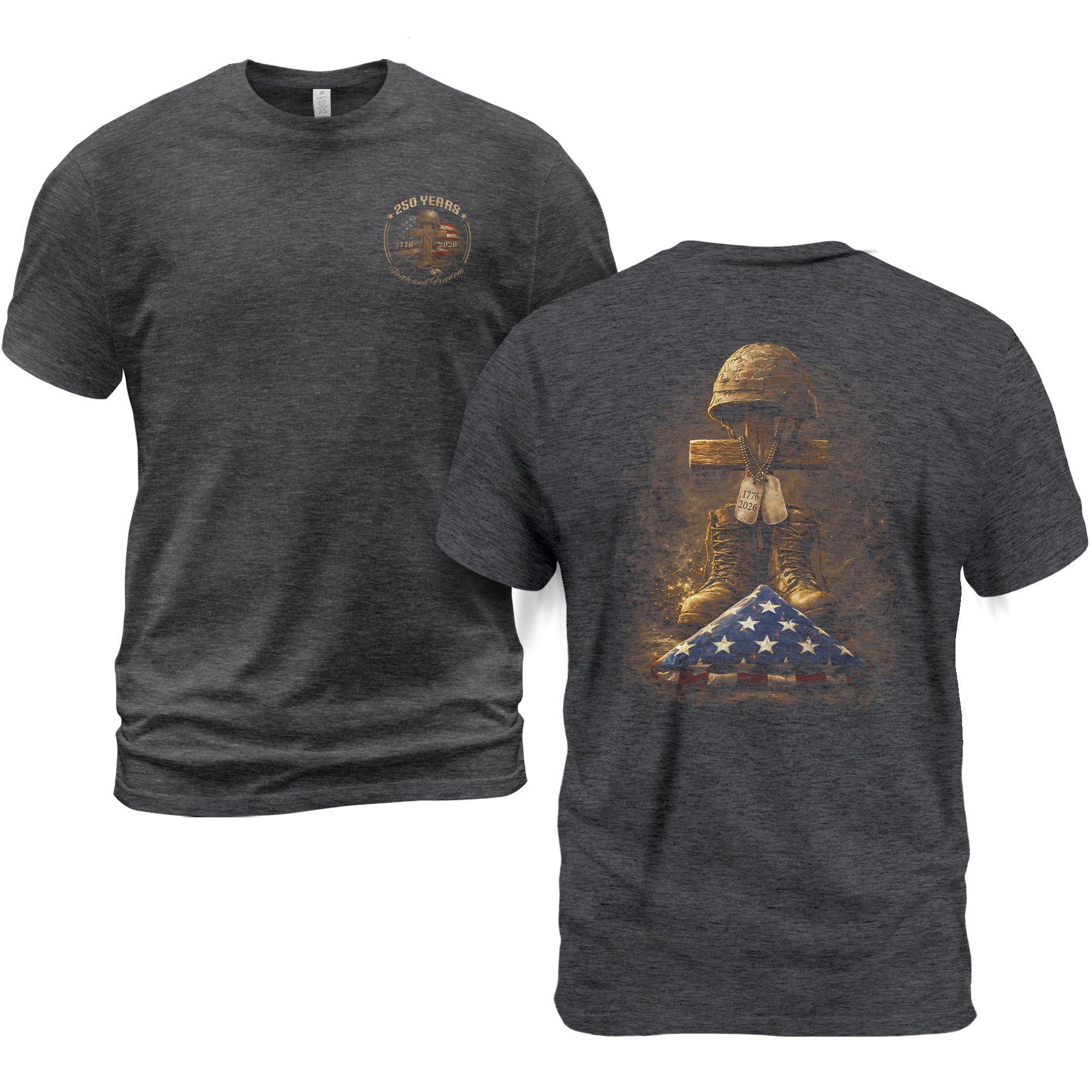 America 250th Anniversary T-Shirt 1776-2026 – Battlefield Cross Soldier Boots & Helmet Patriotic Tee