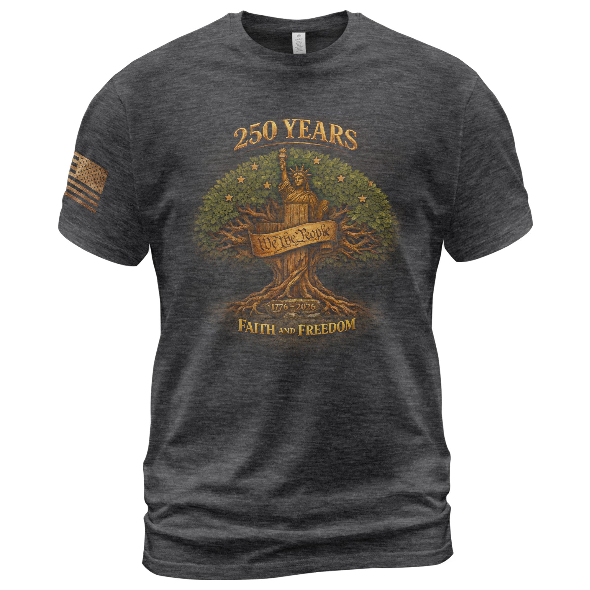 America 250th Anniversary 1776-2026 Semiquincentennial Shirt – Faith And Freedom Statue of Liberty & Cross Tree of Liberty Christian Patriotic Tee