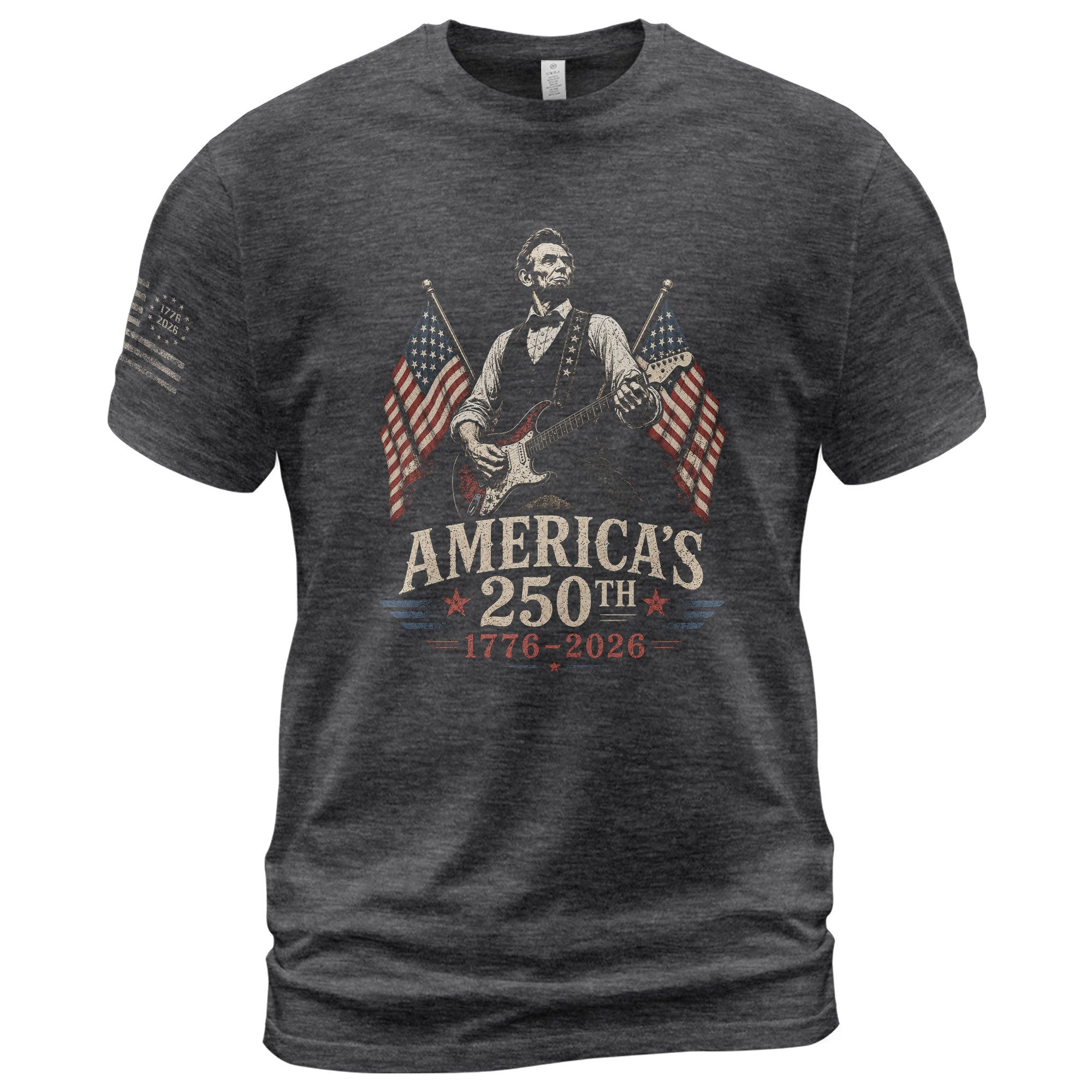 Mens T Shirt Patriotic Abraham Lincoln Guitar 1776-2026 250th Anniversary Rock Tee