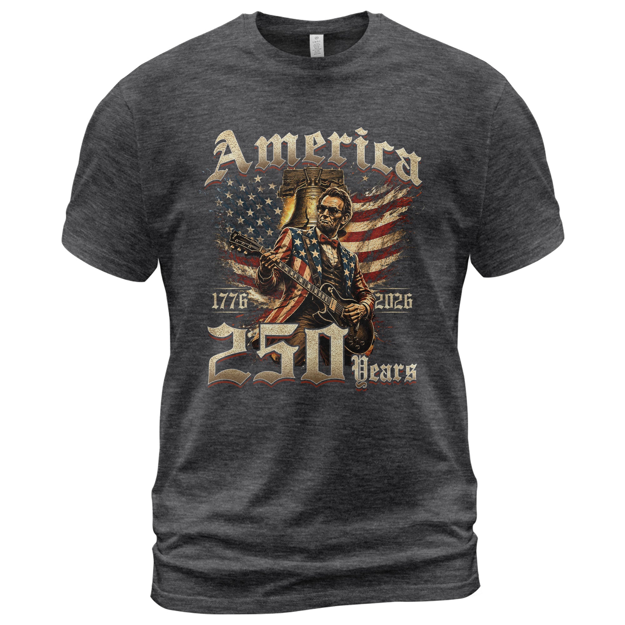 Lincoln Rock Guitar Patriotic T-Shirt - Vintage 1776 2026 Liberty Bell Graphic Tee