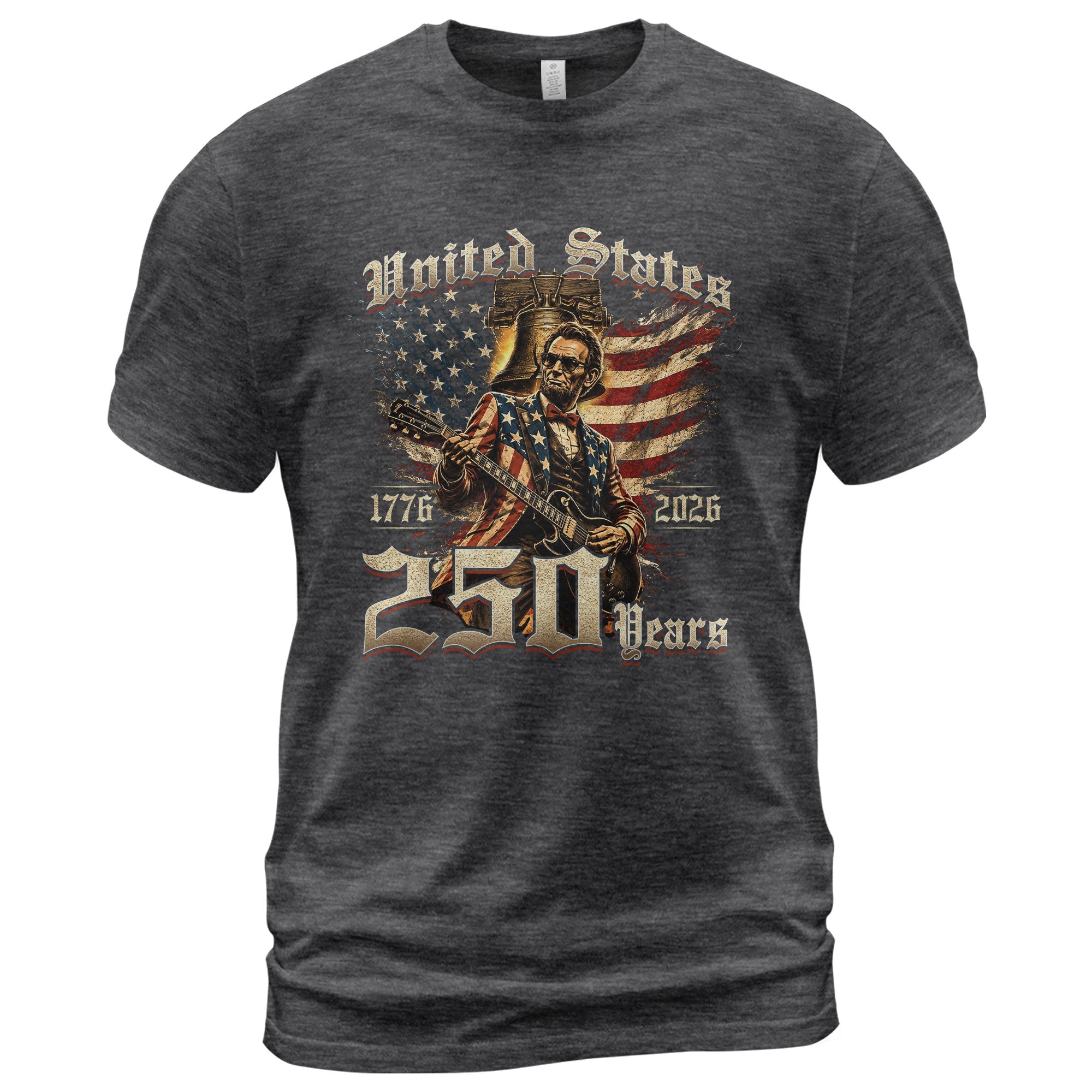 Lincoln Rock Guitar Patriotic T-Shirt - Vintage 1776 2026 Liberty Bell Graphic Tee