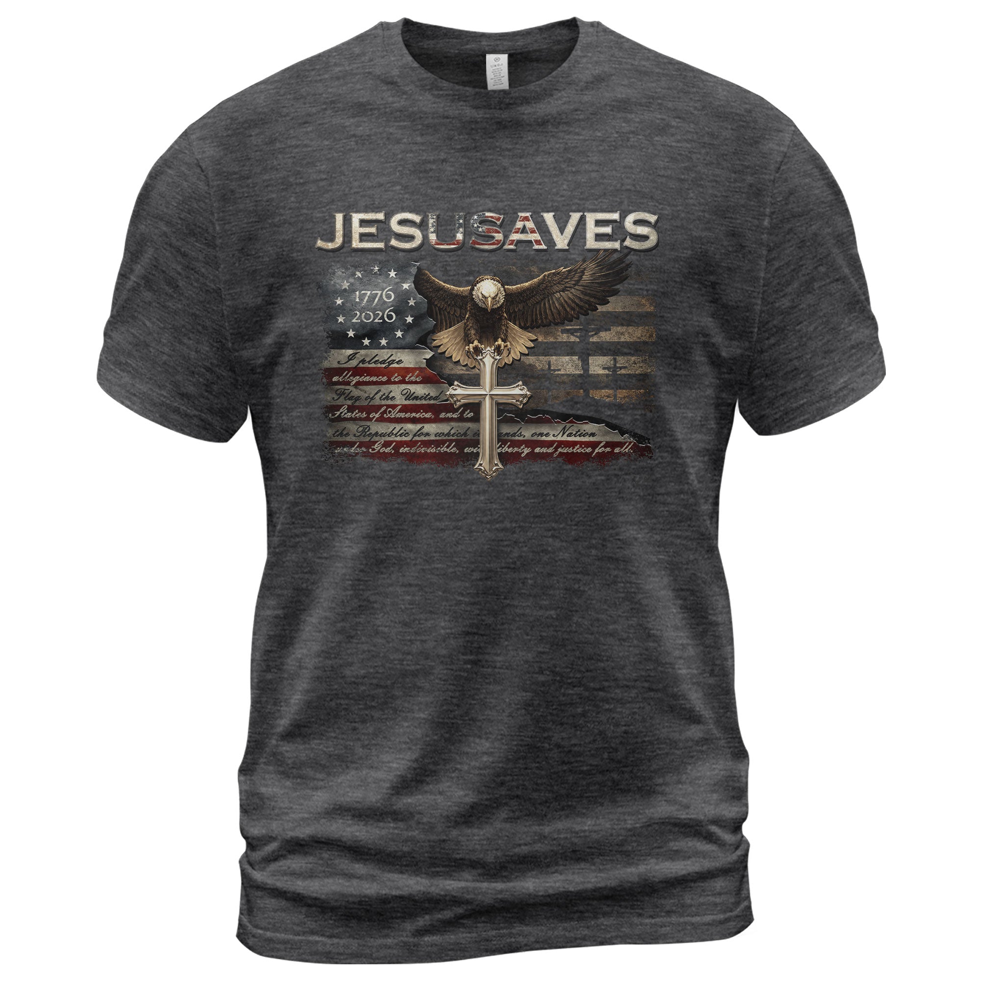 JESUSAVES Graphic T Shirt Patriotic American Eagle Cross Religious Faith Apparel