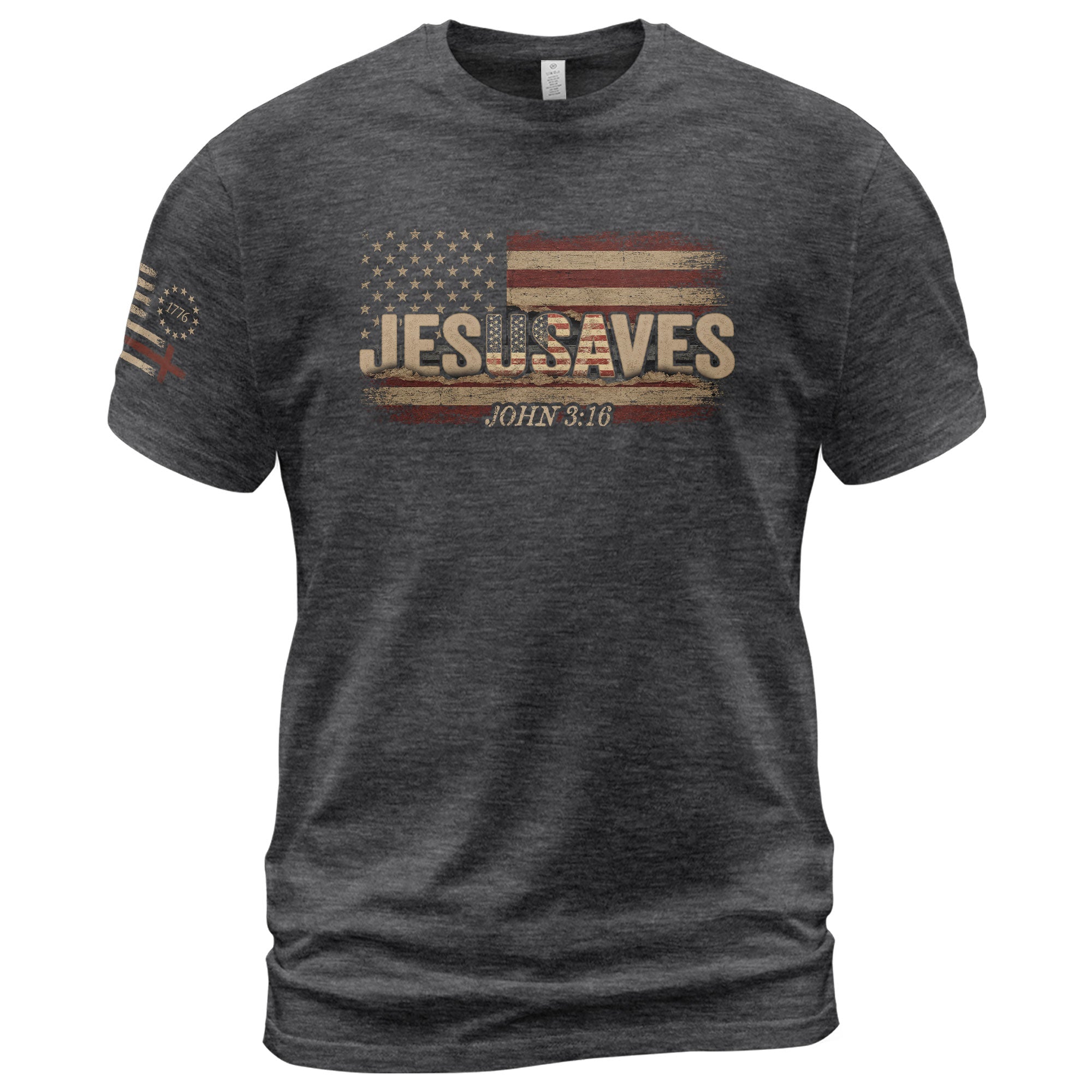 JESUSAVES T-Shirt John 3:16 Patriotic American Flag Distressed Christian Faith Tee