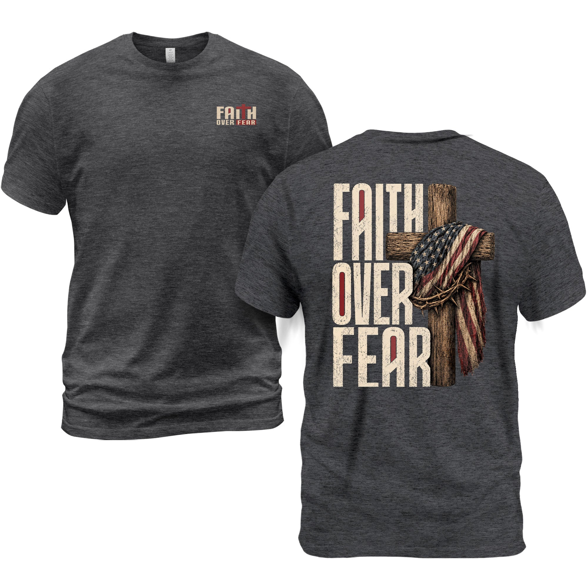 Faith Over Fear Christian Shirt Patriotic Cross American Flag Religious Graphic Tee