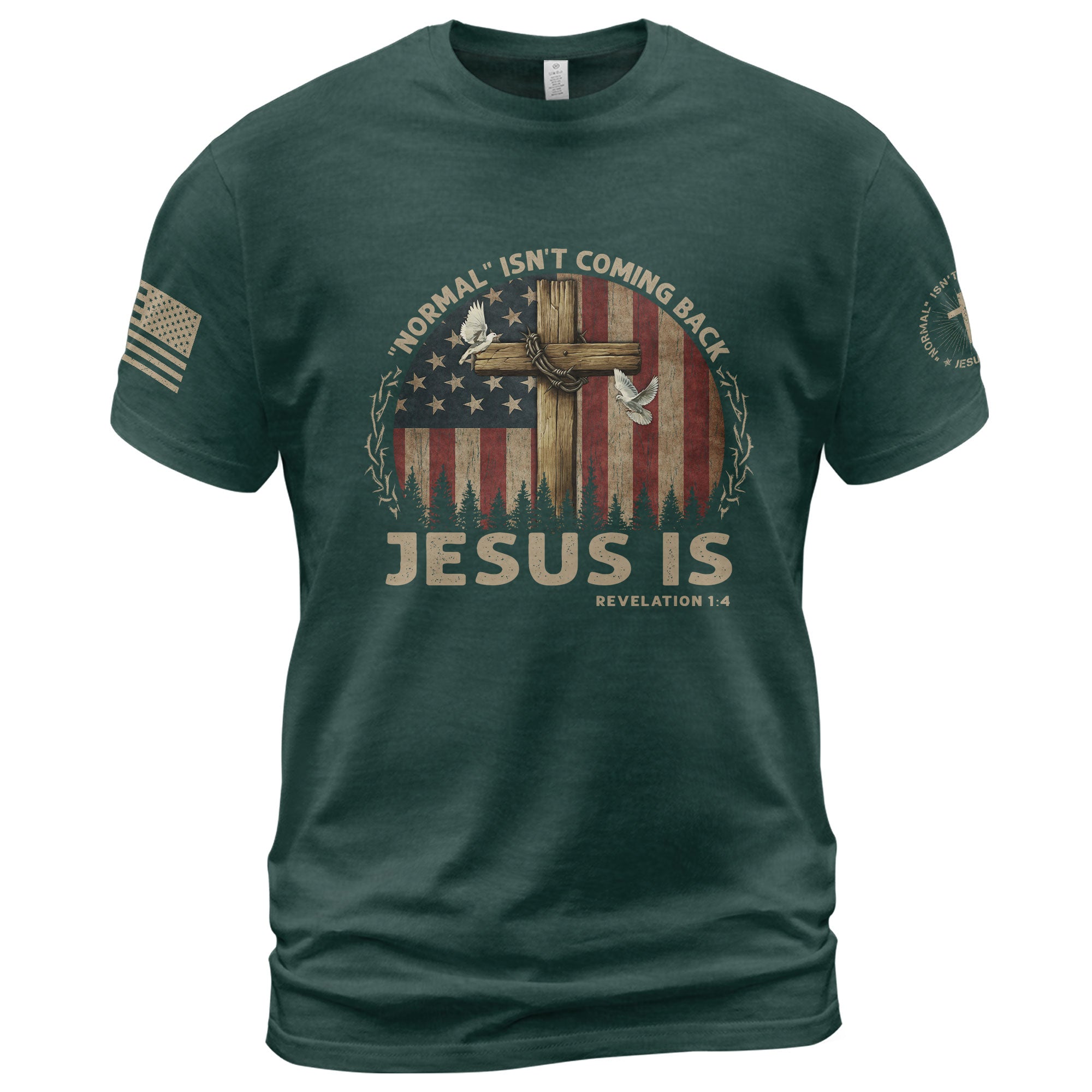 Jesus Is Coming Shirt – “Normal Isn’t Coming Back” Revelation 1:4 USA Flag Cross Tee
