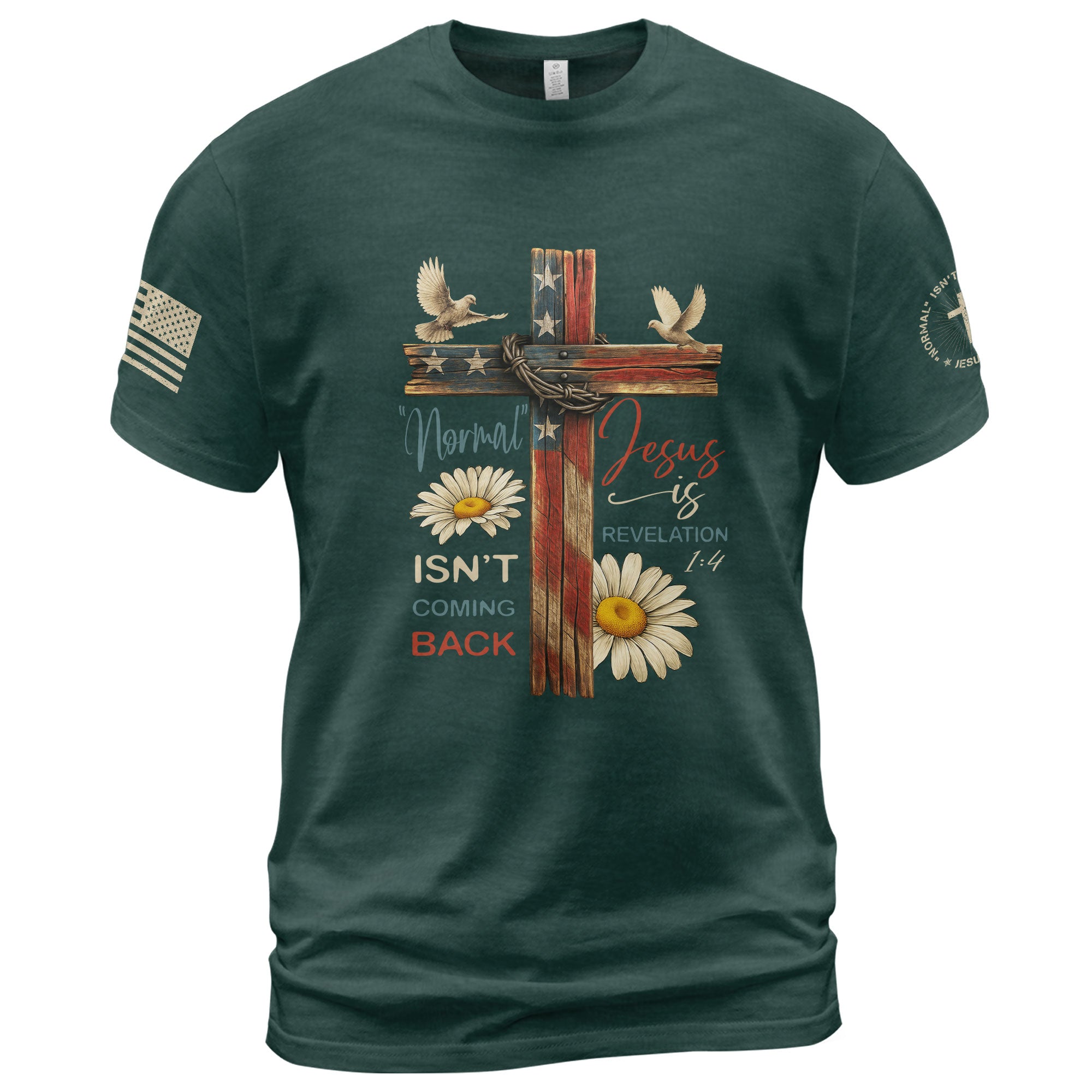 Normal Isn’t Coming Back – Jesus Is Shirt | Revelation 1:4 Floral USA Flag Cross Tee
