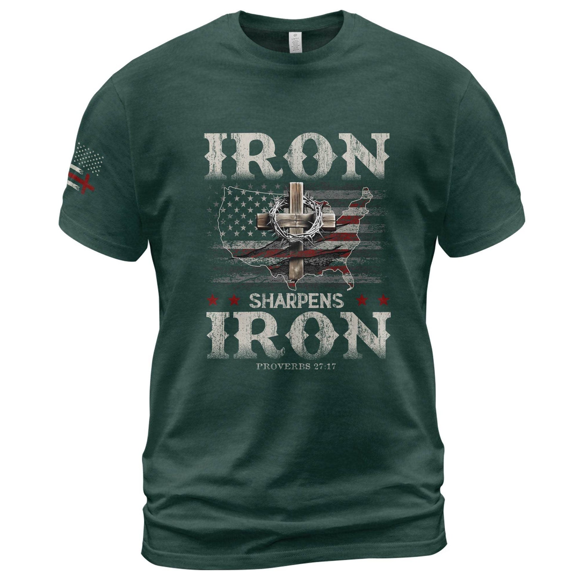 Iron Sharpens Iron T-Shirt – Proverbs 27:17 USA Faith Warrior Tee - Rust Field Wear