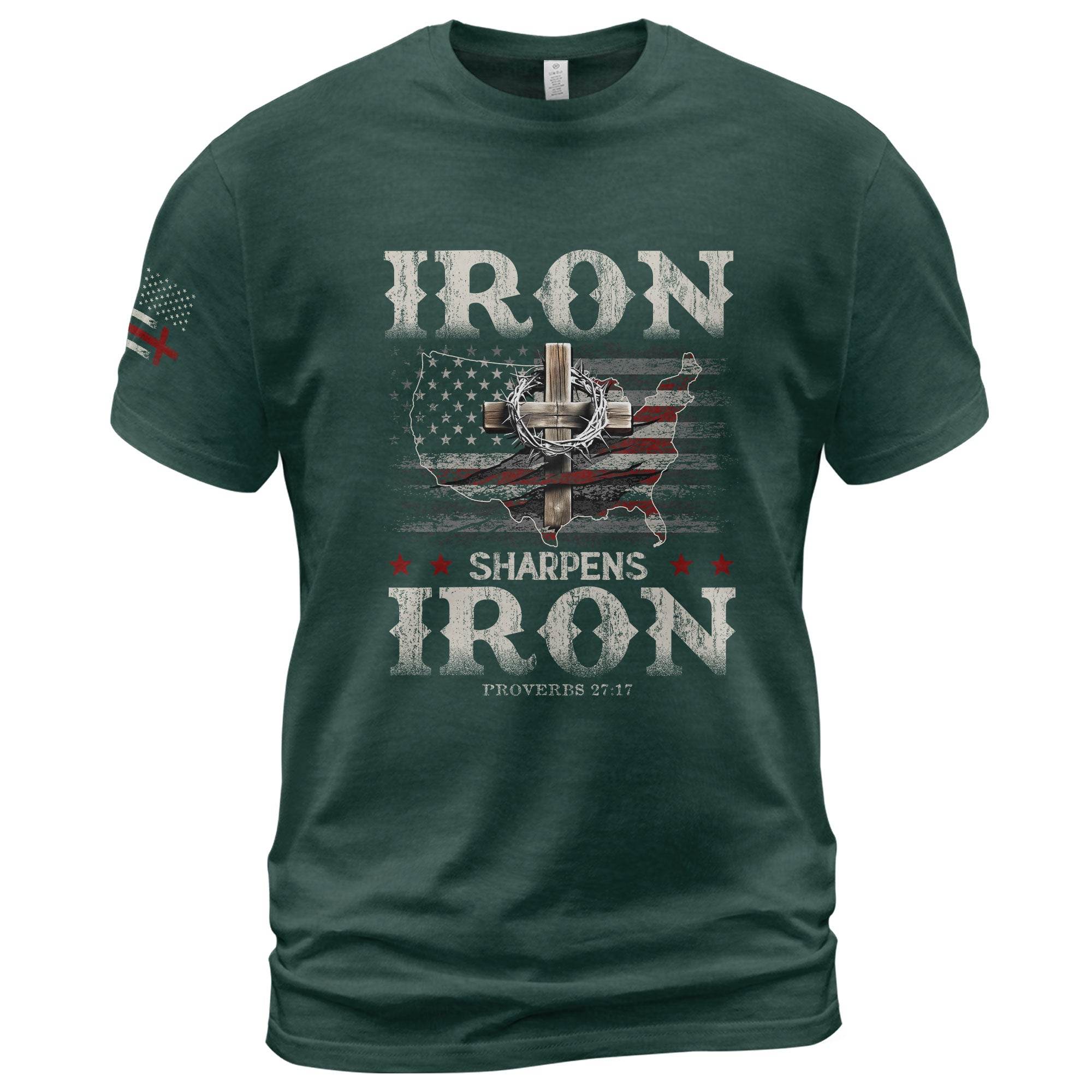 Iron Sharpens Iron T-Shirt – Proverbs 27:17 USA Faith Warrior Tee - Rust Field Wear