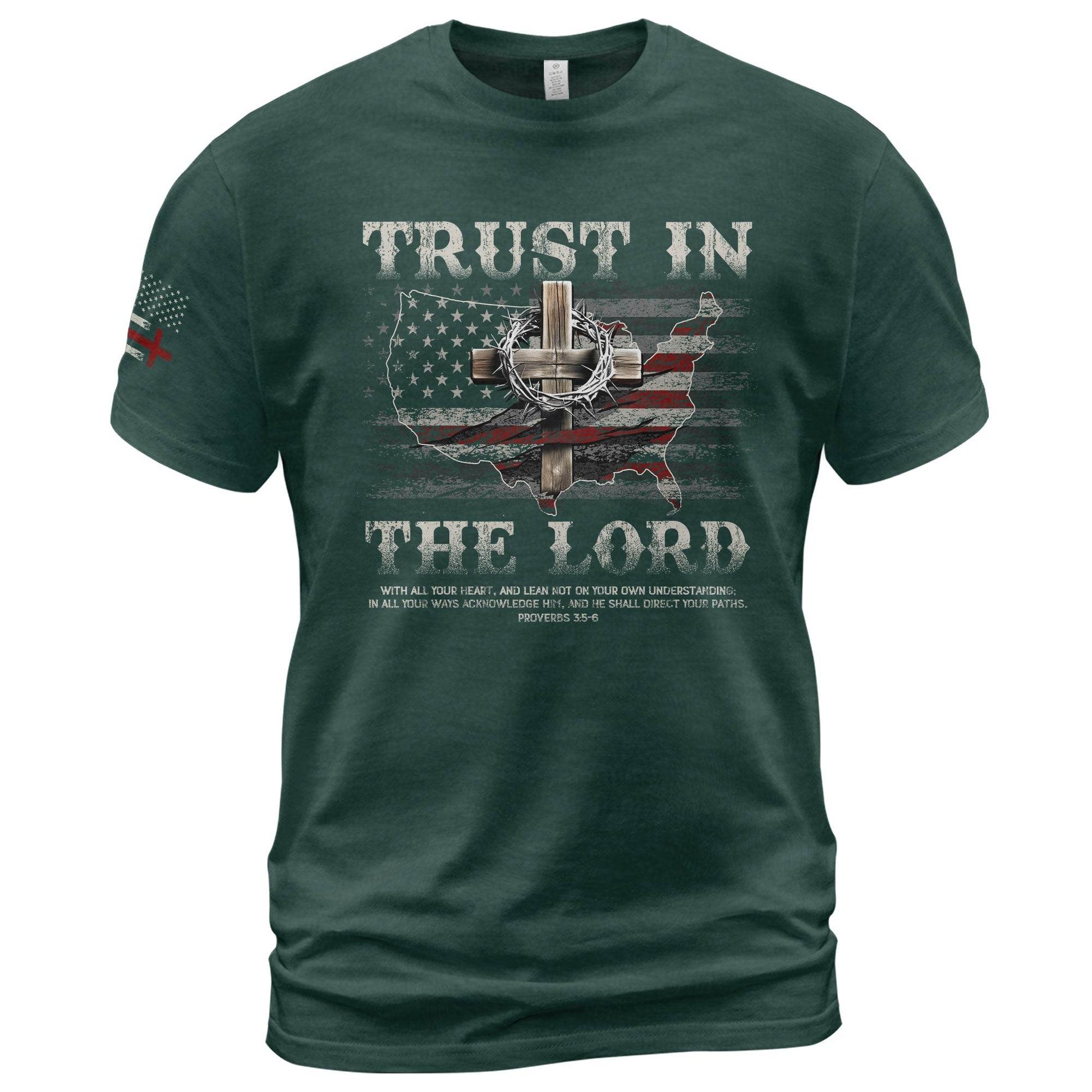 Trust In The Lord Christian T-Shirt – Proverbs 3:5-6 Bible Verse American Flag Cross - Rust Field Wear