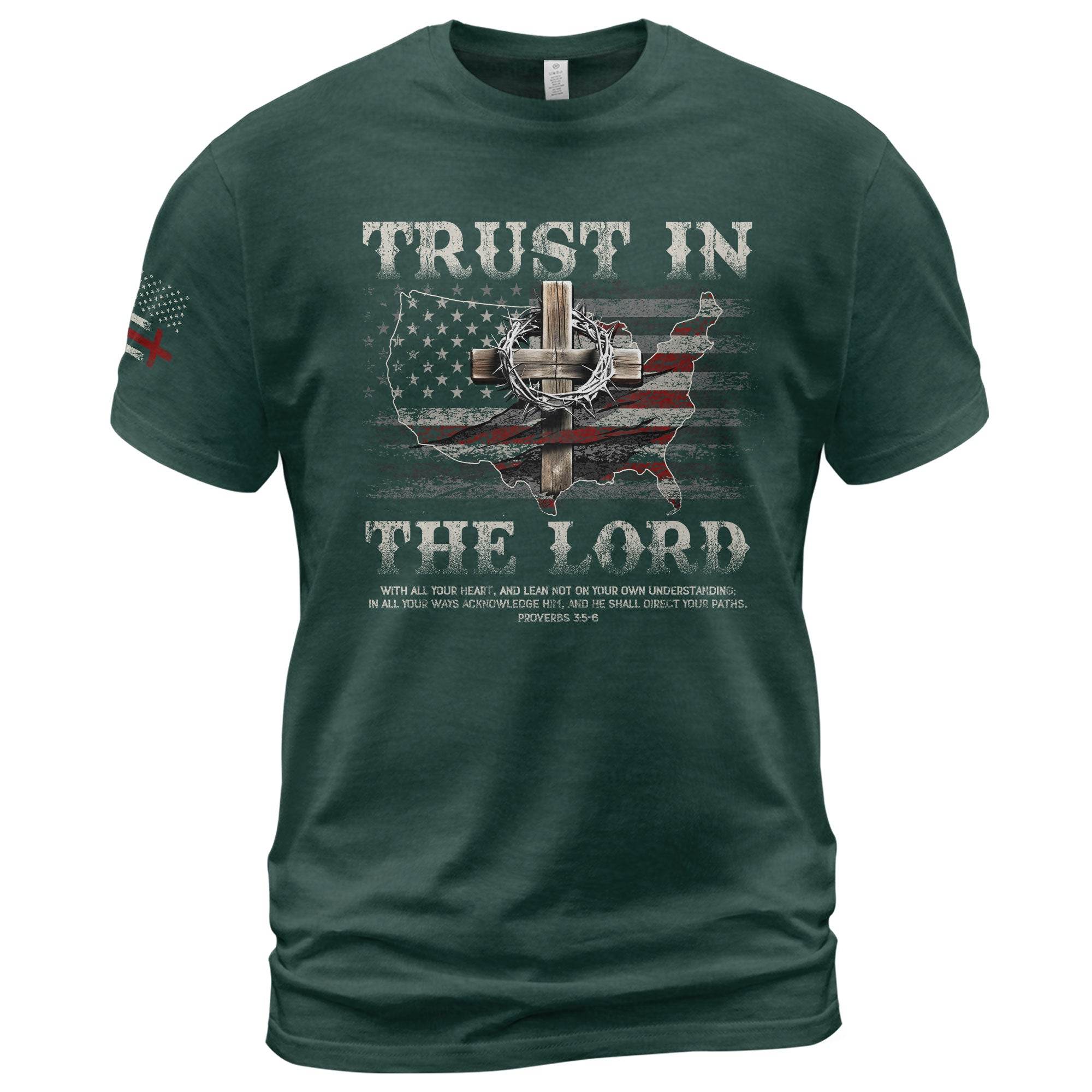 Trust In The Lord Christian T-Shirt – Proverbs 3:5-6 Bible Verse American Flag Cross - Rust Field Wear
